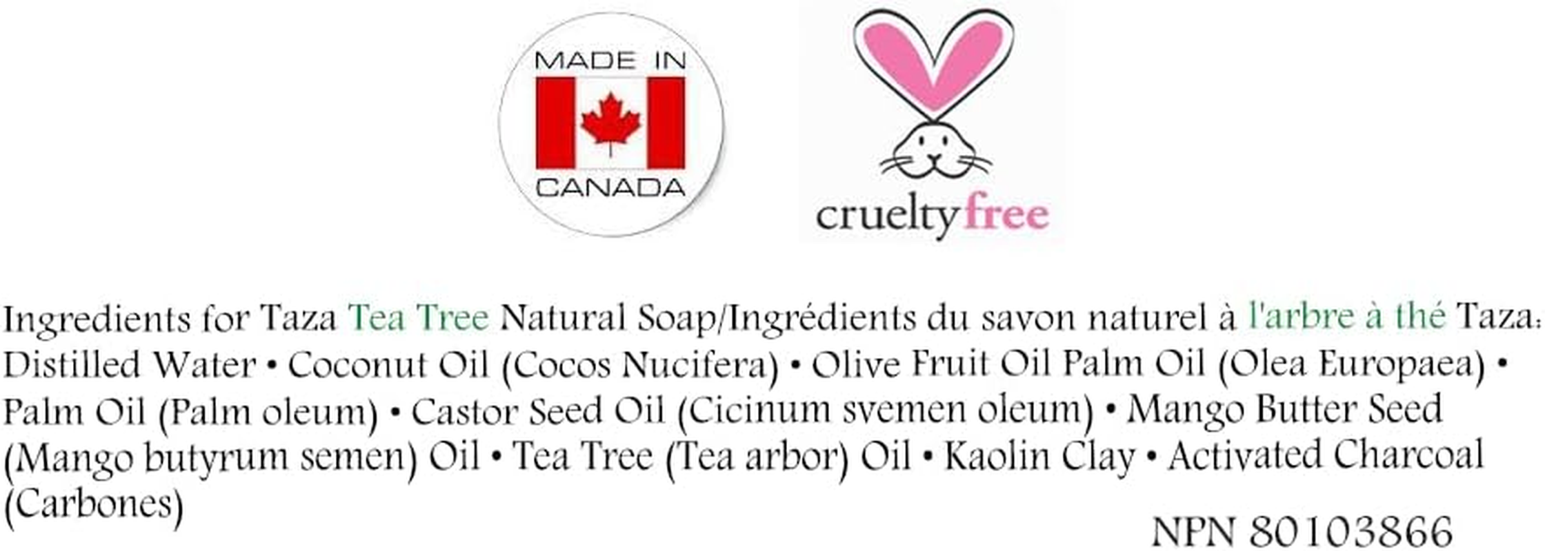 Premium Taza Tea Tree & Charcoal Natural Soap (Pack of 3) Each 5.3 Oz (150 G) for Powerful Cleansing Contains: Tea Tree Oil, Activated Charcoal & Coconut, Olive & Palm Fruit Oils, Mango Butter image number 2