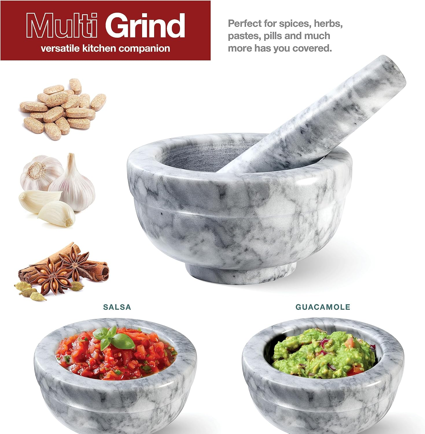 Sagler Mortar and Pestle Set - Small Grinding Bowl Container for Guacamole, Spices, Salsa, Pesto, Herbs - Best Mortar and Pestle Spice and Pills Crusher Set, Holds up to 2.5Oz - 3.75X2&rsquo;&rsquo;, Marble Gray image number 3