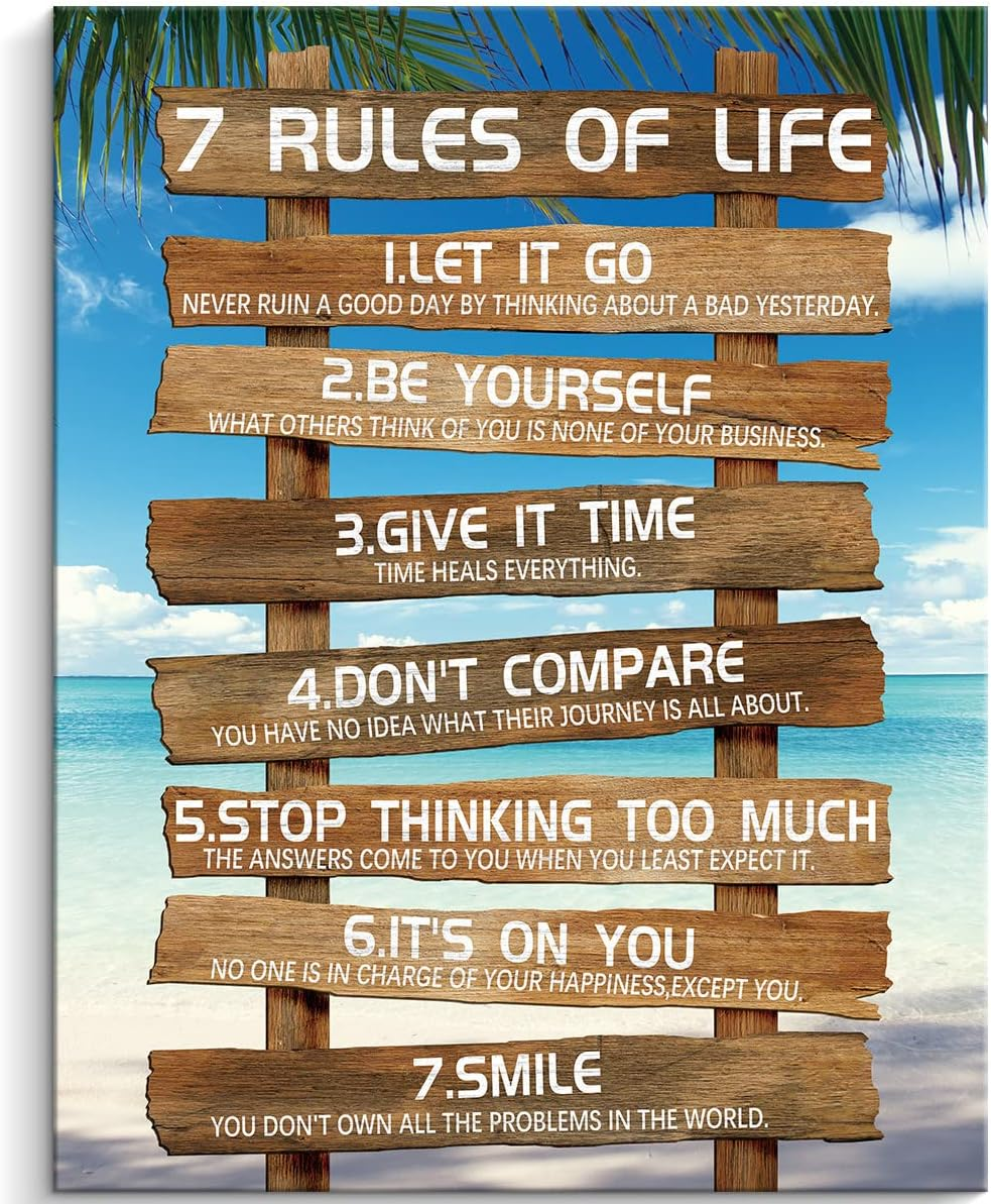 Kas Home Inspirational Wall Art - 7 Rules of Life Motivational Canvas Wall Decor Beach Positive Quotes Living Room Rustic Framed Art Gift for Bedroom Bathroom (12 X 15 Inch, Brown - 7 Rules) image number 1