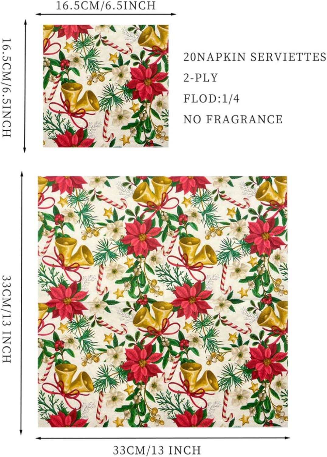 Christmas Paper Napkins Decorative Disposable 33X33Cm/2-Ply Christmas New Year Party Luncheon Dinner Napkins Paper for Decoupage Xmas Cocktail Napkins (Xmas Bell) image number 4