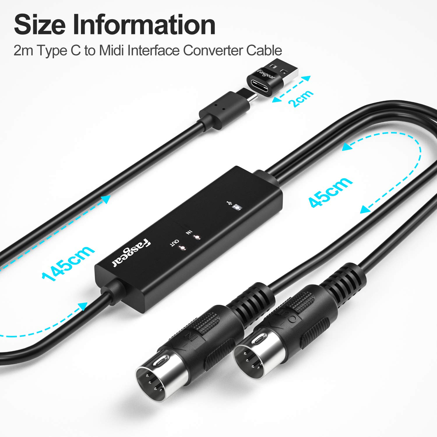USB C MIDI Cable with Type C to USB Adapter, Fasgear 6Ft Type C to In-Out MIDI Cable for Music Keyboard Piano to PC Laptop, MIDI to USB C Interface Converter for Windows, Android, Mac OS
