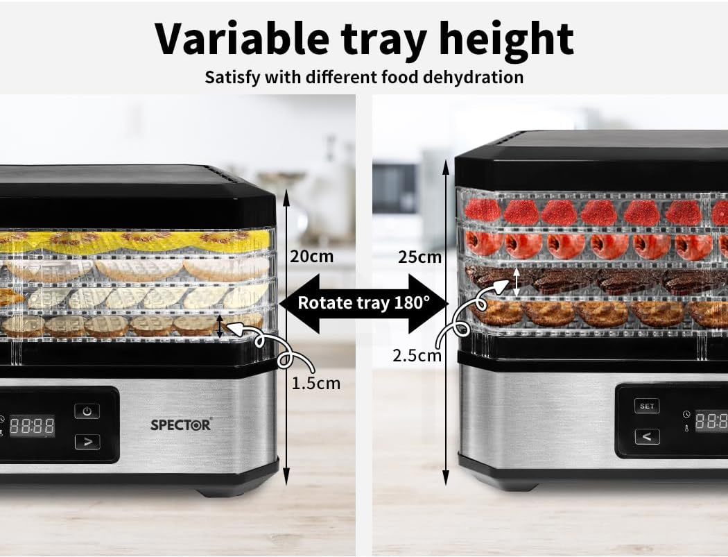 Spector Food Dehydrators,Food Dryer with 5 Removable Trays,40-70℃ Adjustable Temperature Controls for Jerky Yogurt Fruit Maker,48H Adjustable Timer, Lcd Touch Control,Silver