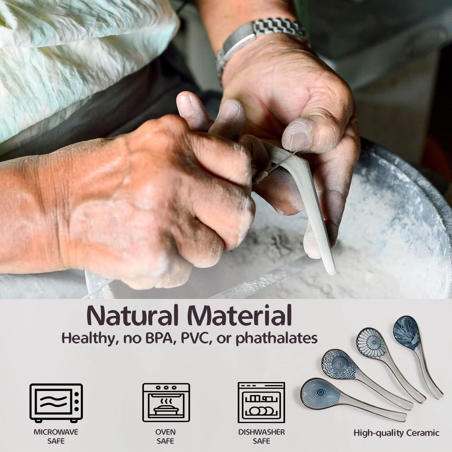 Asian Ceramic Soup Spoon, with Long Handle Easy to Hold, Non-Slip Bottom, for Japanese Ramen, Chinese and Vietnamese Wonton, Noodle Soup Spoons (V86) image number 5