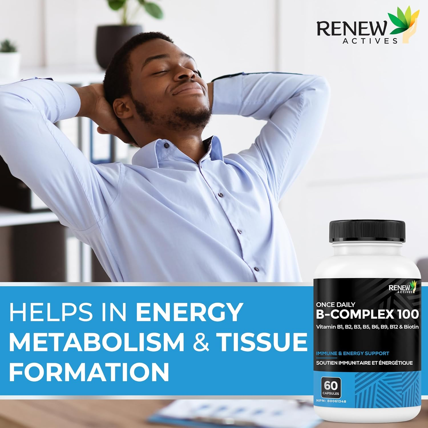 Renew Actives Vitamin B Complex 100 &ndash; 60-Capsule Advanced B Complex Dietary Supplement for Men and Women &ndash; 100% of B1, B2, B3, B5, B-6, B-12! &ndash; Vegan-Friendly Capsules image number 1