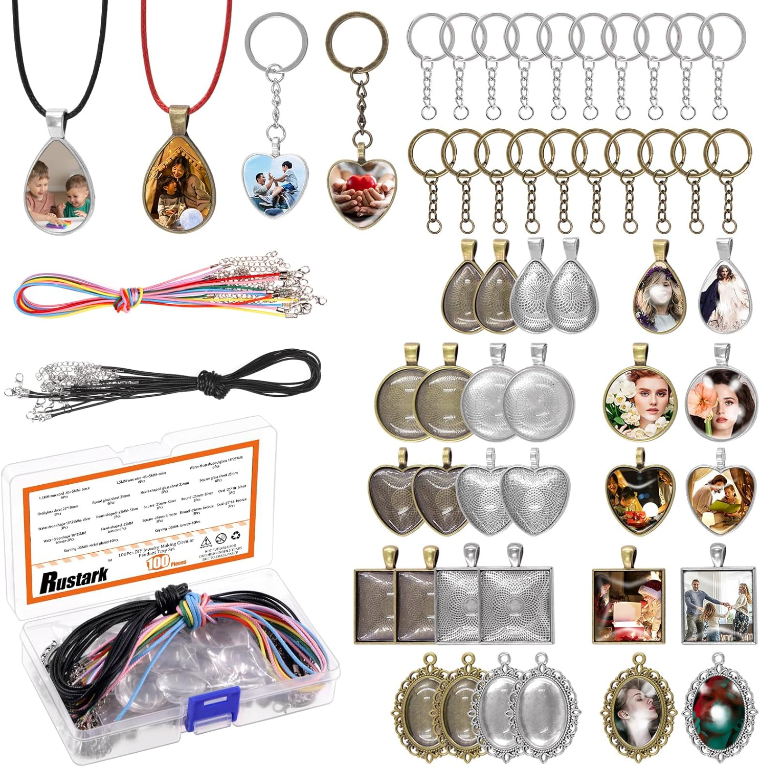 Rustark 100Pcs 5 Styles Pendant Trays Assortment Kit round Pendants Trays Set with Clear Glass Cabochon for Jewelry Making Crafting DIY Making - 3 Colors - 25Mm Heart Shaped Pendants Trays Kit image number 4