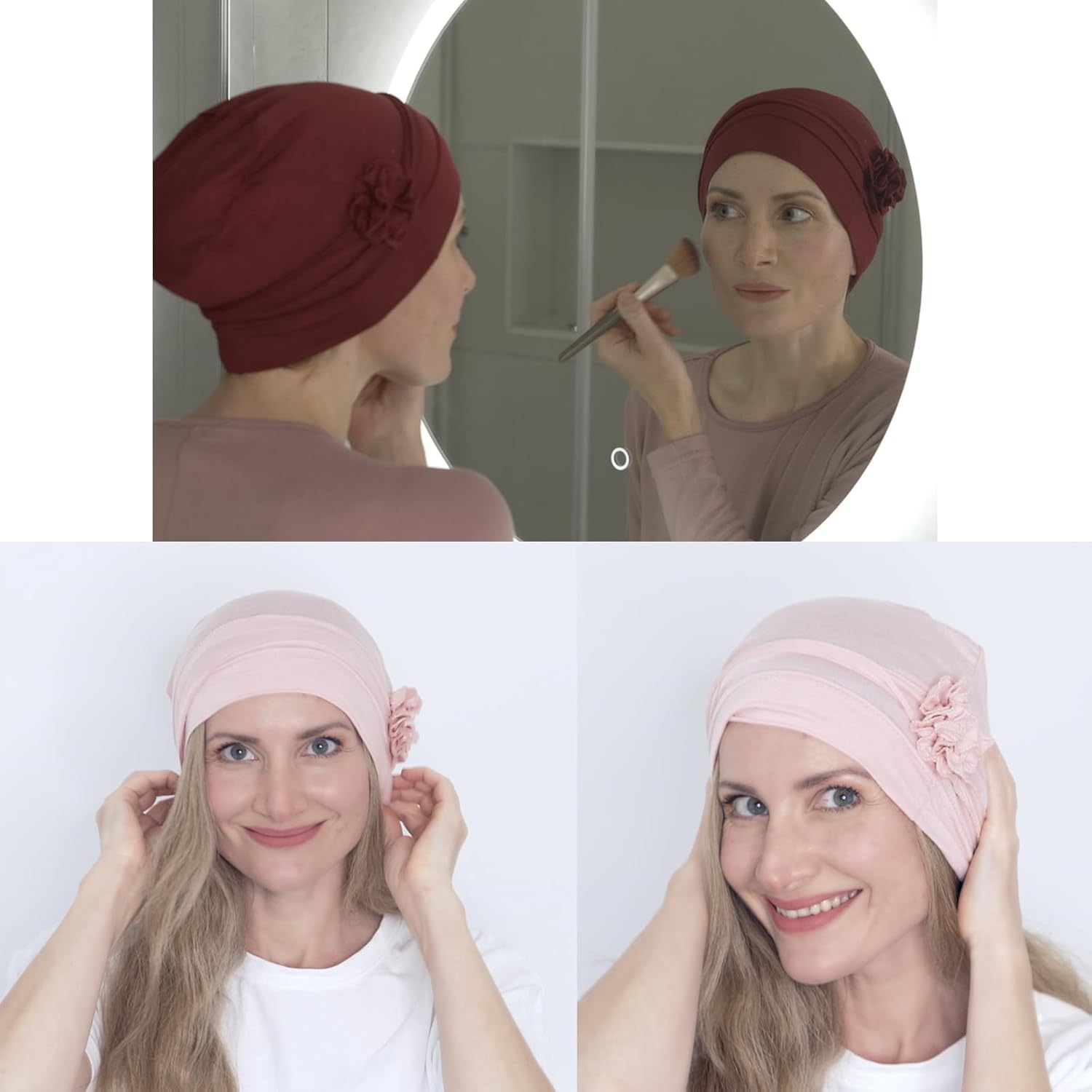 XEPST Pack of 4 Women'S Chemo Hats Bandana Turban Women'S Chemo Turban Headwear Beanie Hat Cap for Women Cancer Patients Hair Loss - Black, Red, Pink, Beige image number 3