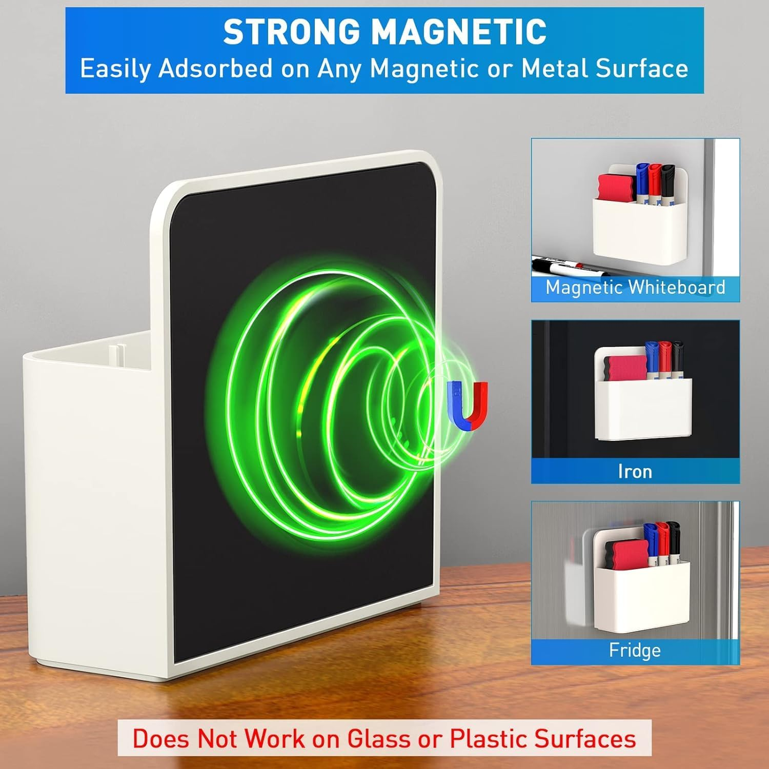 Dry Erase Pen Holder with 1 Pen and Eraser - Magnetic Holder for Fridge, Whiteboard, Locker - School, Office, Home (White) image number 2