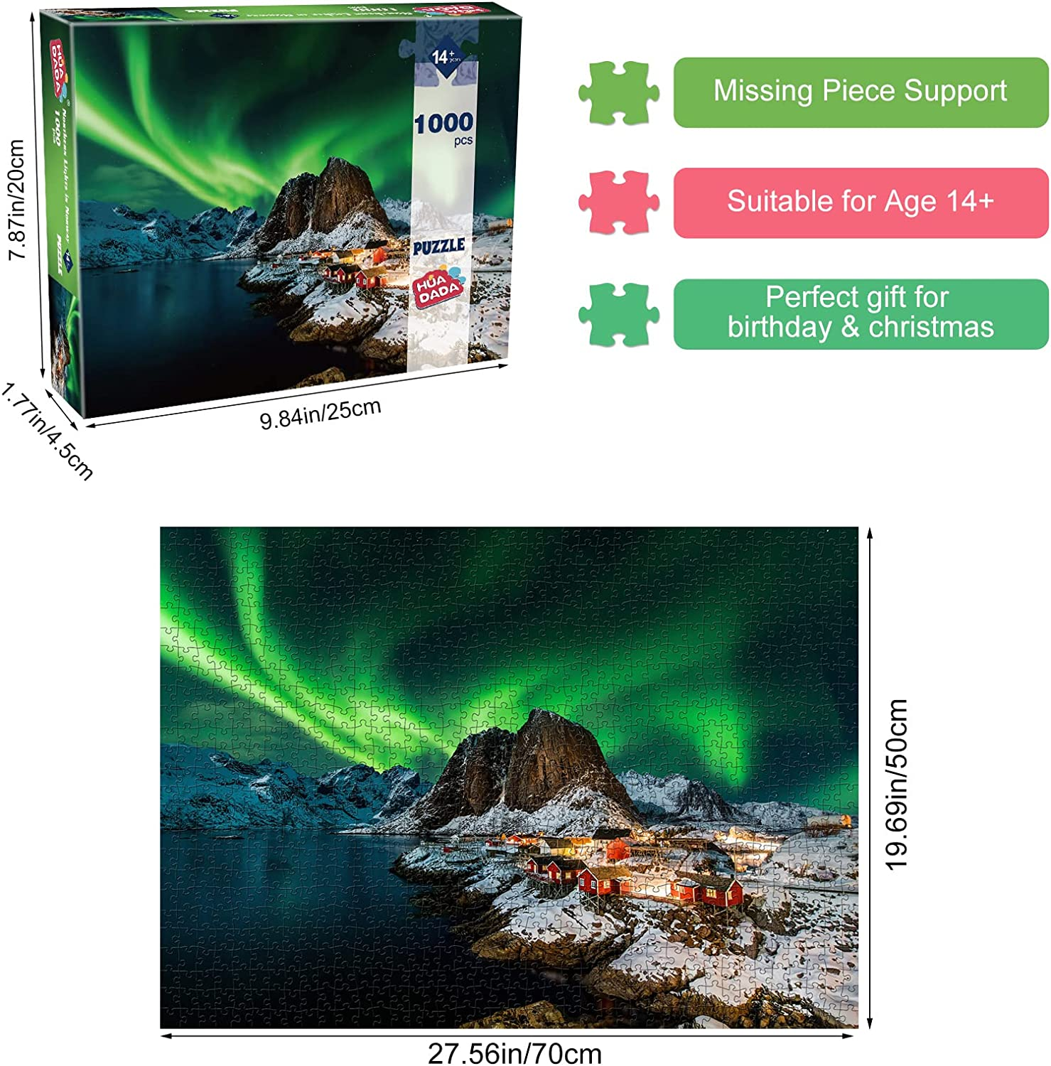 HUADADA Jigsaw Puzzles for Adults 1000 Pieces, Puzzles for Adults 1000 Piece, Challenging Game Toys, Impossible Puzzle, Family Decoration Puzzle - Northern Lights in Norway image number 4