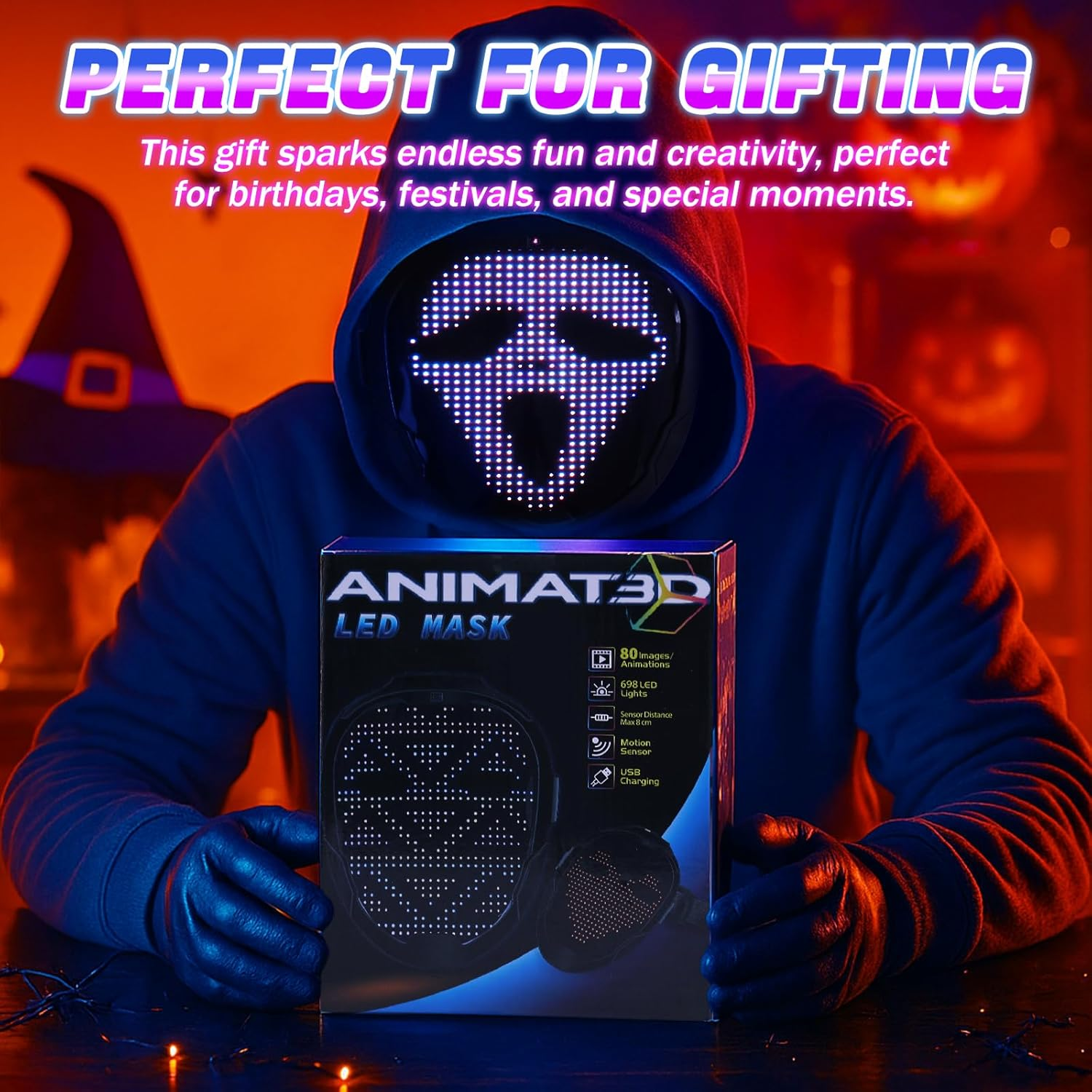 Quntis Face Transforming LED Mask for Adults & Kids, 80 Pattern Glowing LED Halloween Digital Luminous Mask for Costume Cosplay image number 4