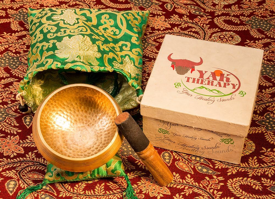 Tibetan Singing Bowl Set by YAK THERAPY- Chakras Healing & Meditation Yoga Sound Bowl with Mallet, Silk Cushion, & Silk Bag, 4.5" Tibetan Bell, Buddhist Bowl Made in Nepal Includes Gift Ebook by Email image number 3