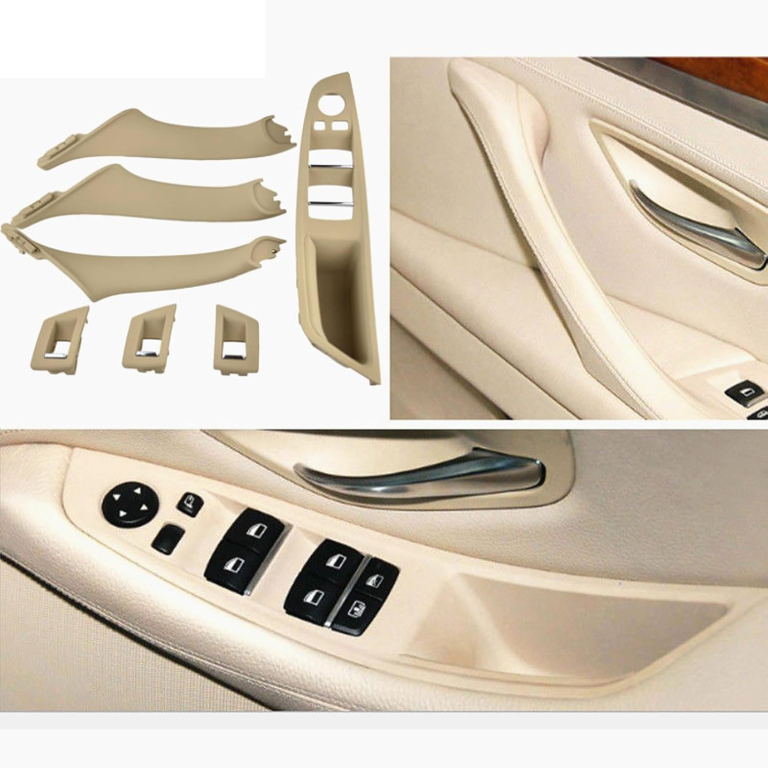 7Pcs,For BMW 5 Series F10 F11 F18 520I 523I 525I 528I 535I, RHD Interior Inner Door Handle Panel Pull Trim Cover Kit Set Replacement (Beige)