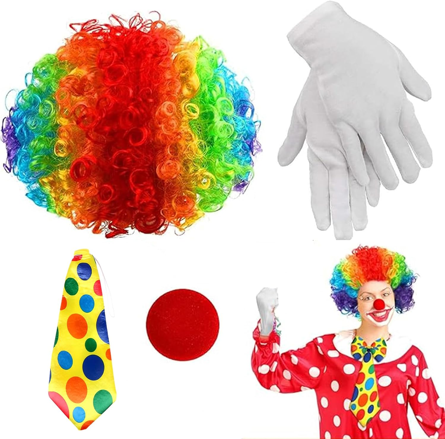 4 Pcs Clown Costume Wig Set, Rainbow Wig Red Clown Nose Tie White Gloves for Halloween Parties Christmas Carnival Circus Cosplay Party Men Women Kid Adults