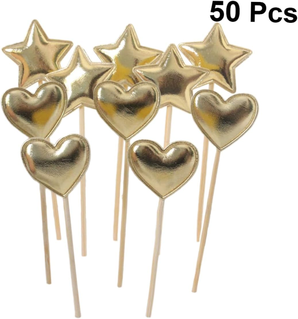 50Pcs Gold Heart and Five-Pointed Star Cake Picks for Party Dessert Toppers Wooden Cupcake Picks for Wedding Baby Shower Birthday Food Fruit Decoration image number 3