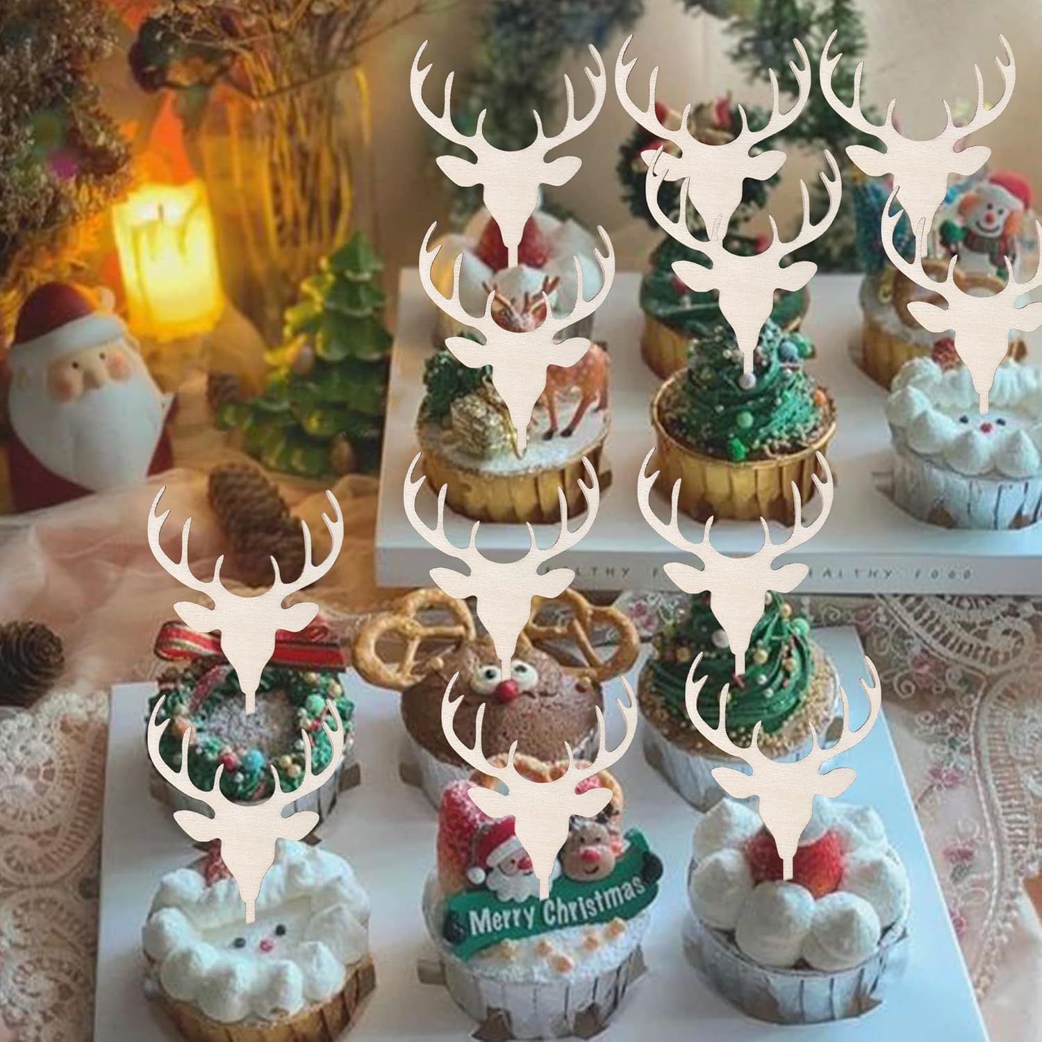Rsstarxi 24 Pack Christmas Deer Cupcake Toppers Wooden Deer Antler Cupcake Picks for Baby Shower Wedding Hunting Rustic Country Kids Birthday Christmas Party Cake Decorations Supplies image number 6