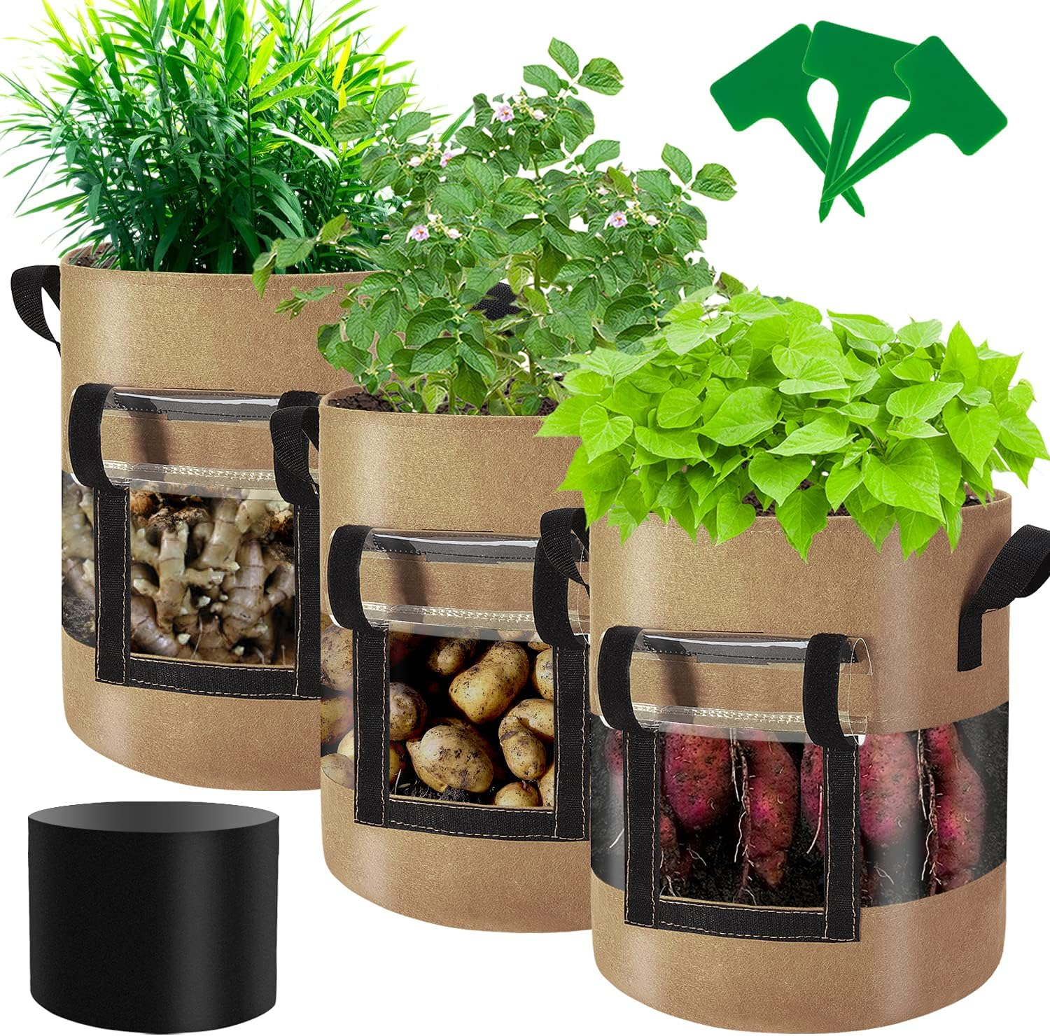 360 Degree Visible 3-Pacs10 Gallon Potato Grow Bags with Flap, Potatoes Growing Containers with Handles&Visible Space for Vegetables/Strawberry/Sweet Potato Used Outdoor and Indoor