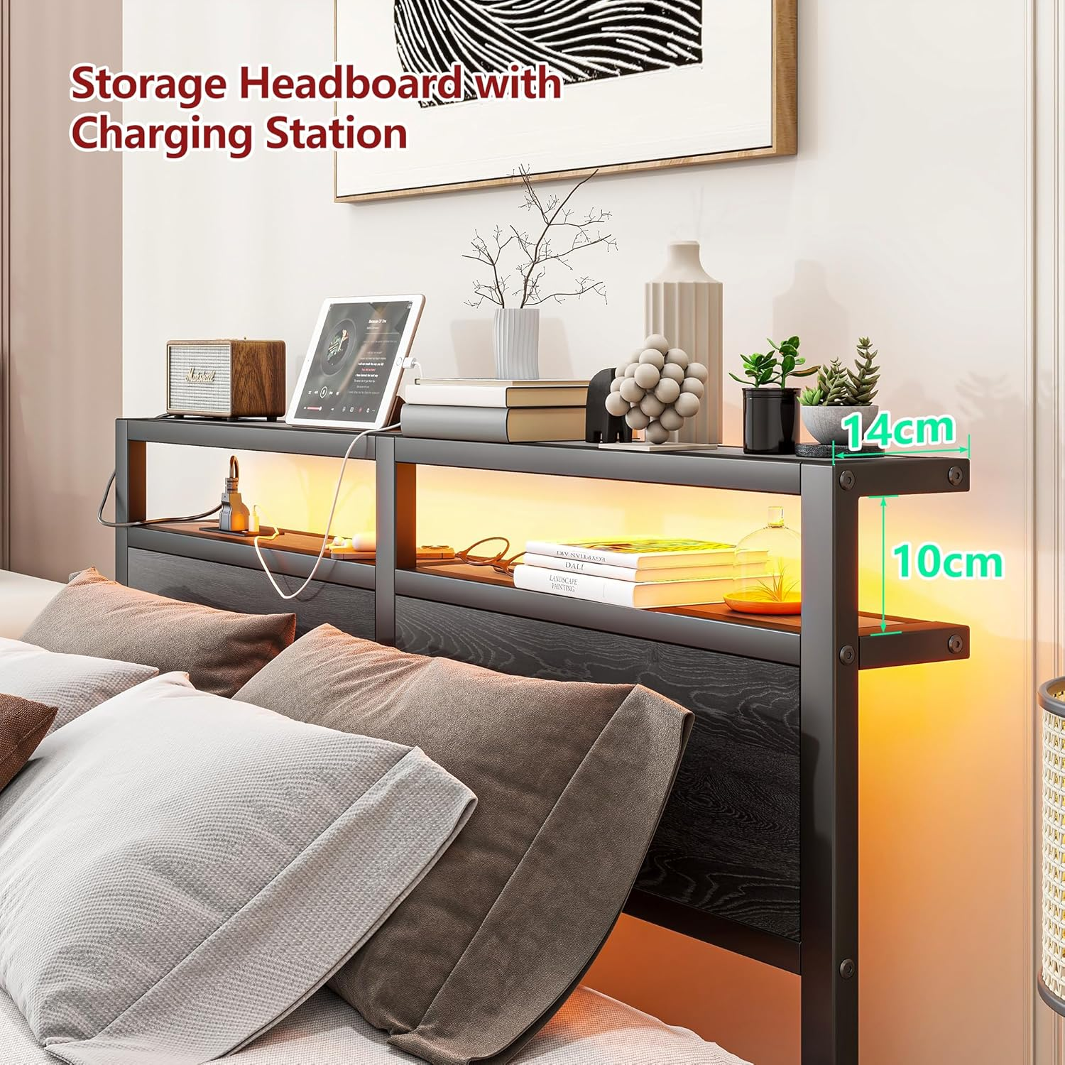 Queen Bed Frame with LED Lights Storage Headboard,Queen Bed Frame with Charging Station,Heavy Duty Metal Platform Bed Frame,No Box Spring Needed,Noise Free,Strong Metal Slats Support,Black image number 5