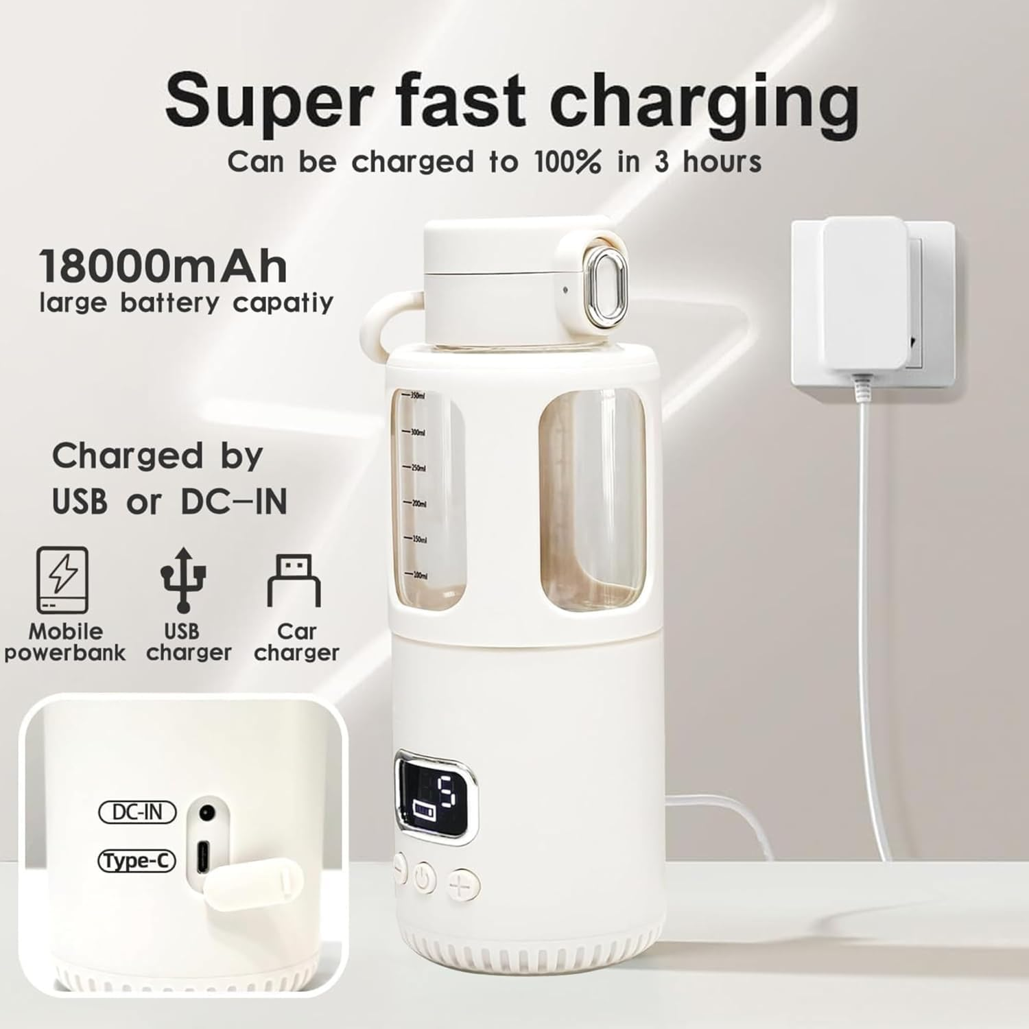 Temperature Control Milk Warmer,Portable Heating Cup with LCD Display 37&deg;C-55&deg;C Water Warmer for Instant Breastmilk, Formula with 350ML Big Capacity image number 2