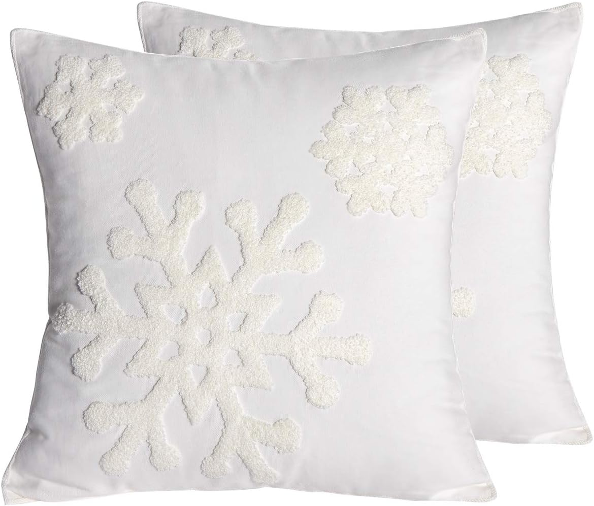18X18,Cotton Christmas Blessing Throw Pillow Cover for Bed Sofa Cushion Car Snowflake Embroideried Pillowcases,1Pair White