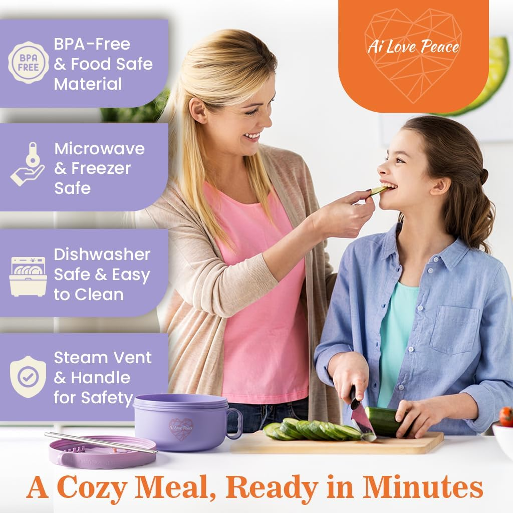 Ai Love Peace Ramen Bowl, 40 Oz Microwaveable Noodle Cooker for Ramen, Pho, Soup, and Pasta, Dishwasher Safe and Portable, Ideal for Home, Office, Dorm, or Gift (Purple) image number 7