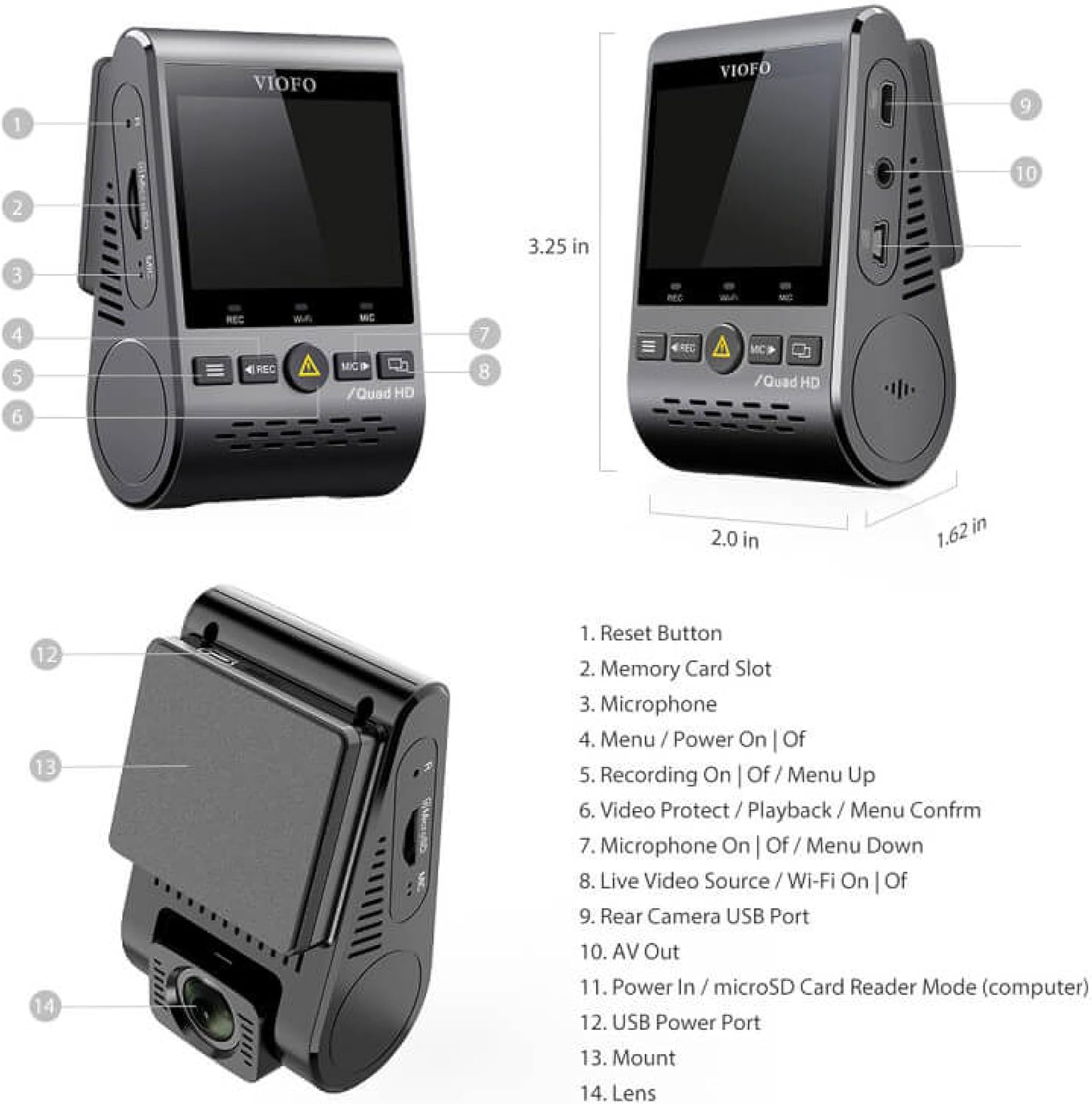 VIOFO Dual Dash Cam, 2K 1440P 60Fps+1080P 30Fps Front and Rear Dash Camera with Wi-Fi GPS, Parking Mode, Emergency Recording, Super Capacitor, Motion Detection (A129 plus Duo) image number 6