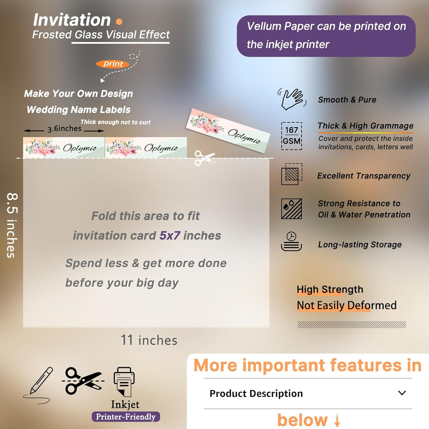 Thick Translucent Vellum Paper, Oplymio 42 Sheets 167GSM Printable Vellum Paper for Invitations, Envelopes, Heat Embossing, Belly Bands(8.5 X 11 Inches) image number 4