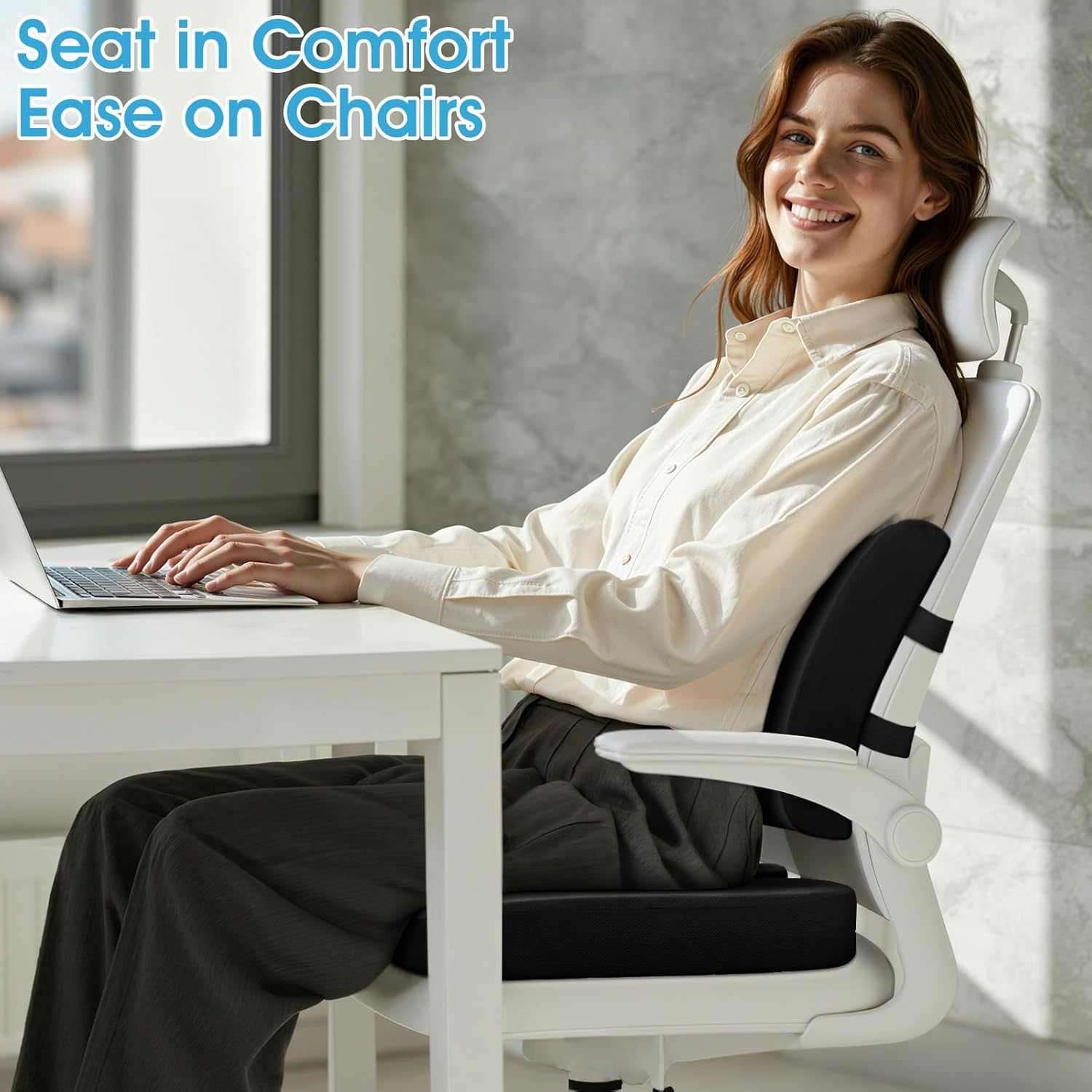 Seat Cushion, Lumbar Support Pillow with Adjustable Strap-Chair Cushions for Sciatica Pain Relief-With Washable Cover Memory Foam for Car, Travel and Wheelchair-Black image number 3