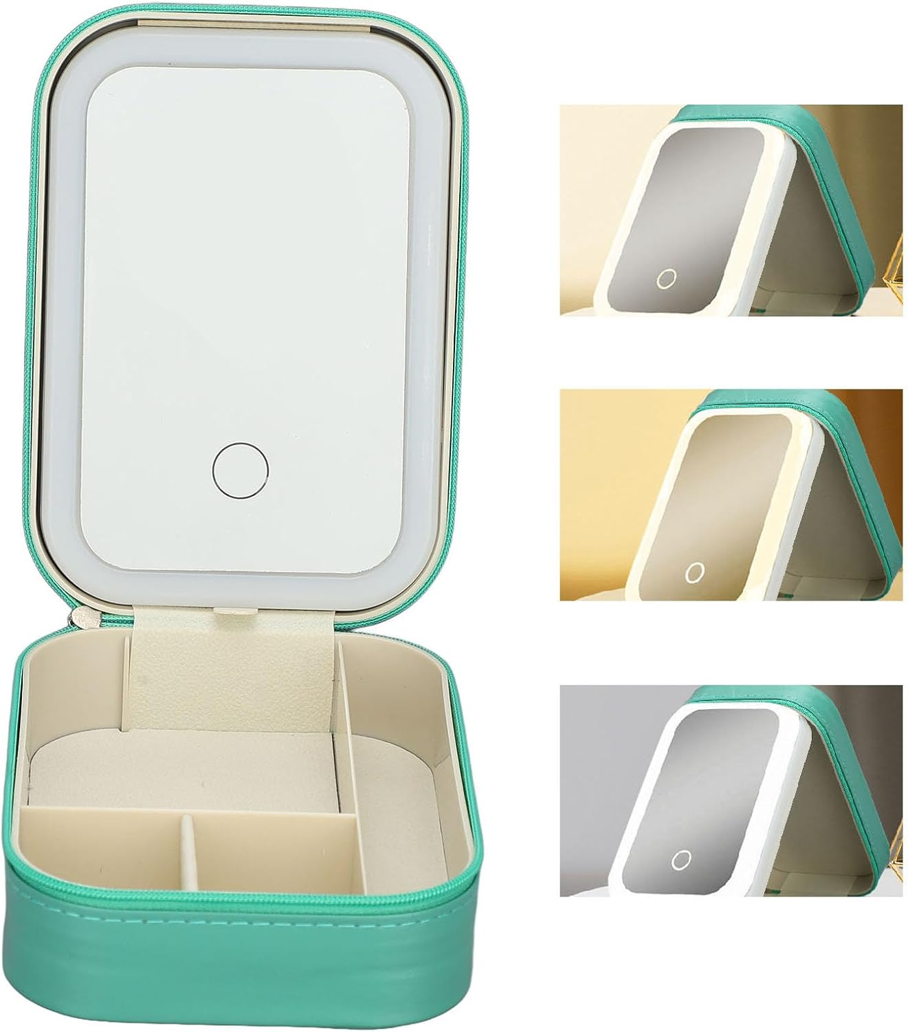 Jewelry Storage Box, LED Mirror Leather 3 Color Adjustable Lighting Travel Makeup Box for Eyebrow Pencil (Green) image number 2