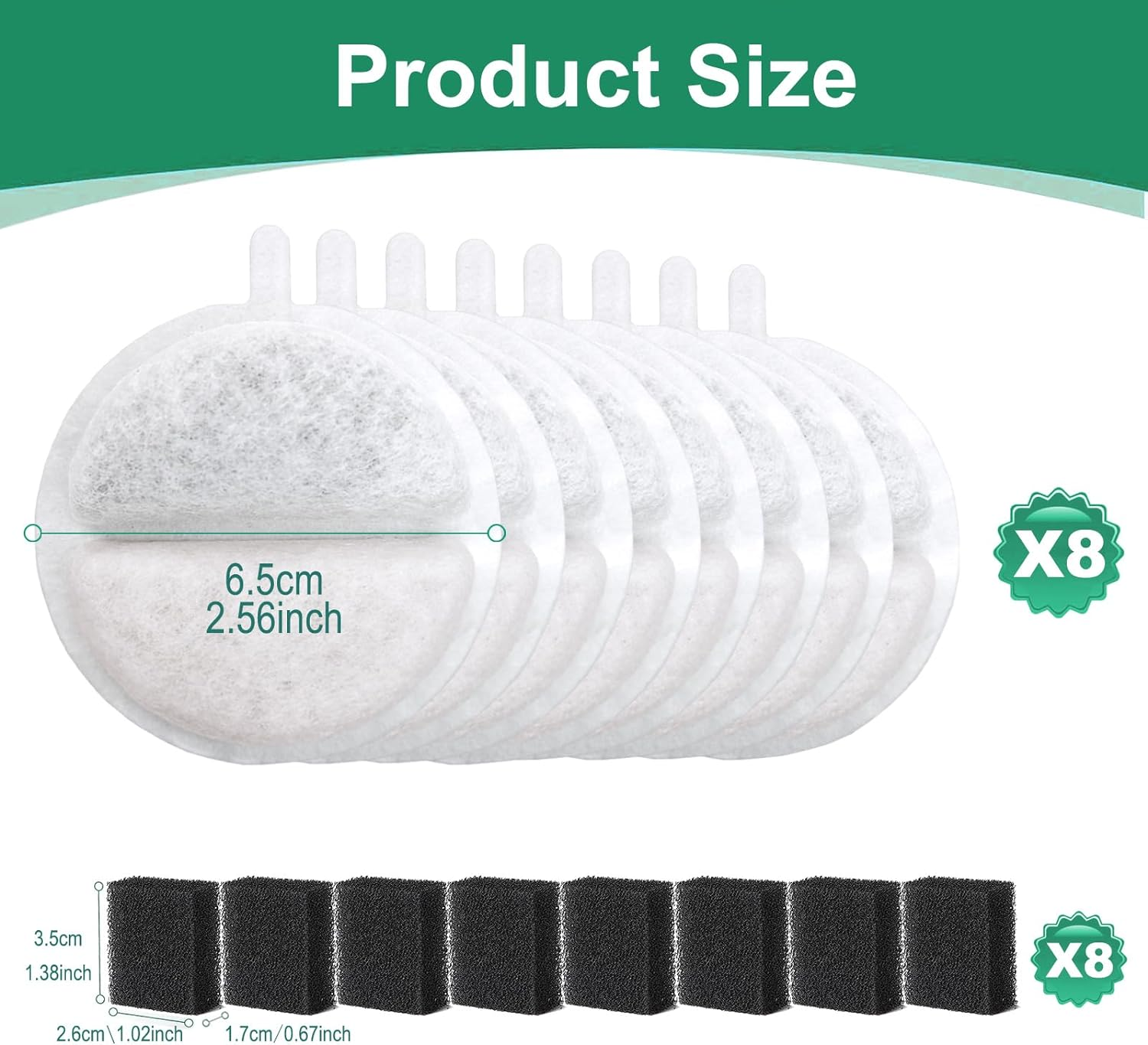 16 Set Cat Water Fountain Filters, Hantoc Replacement Pet Water Fountain Filters 8Pcs Activated Carbon Filter & 8Pcs Foam Sponge for 2.5L Cat Fountain Apetgo-3 &lrm;F-016B Cat Fountain with Active Carbon image number 4