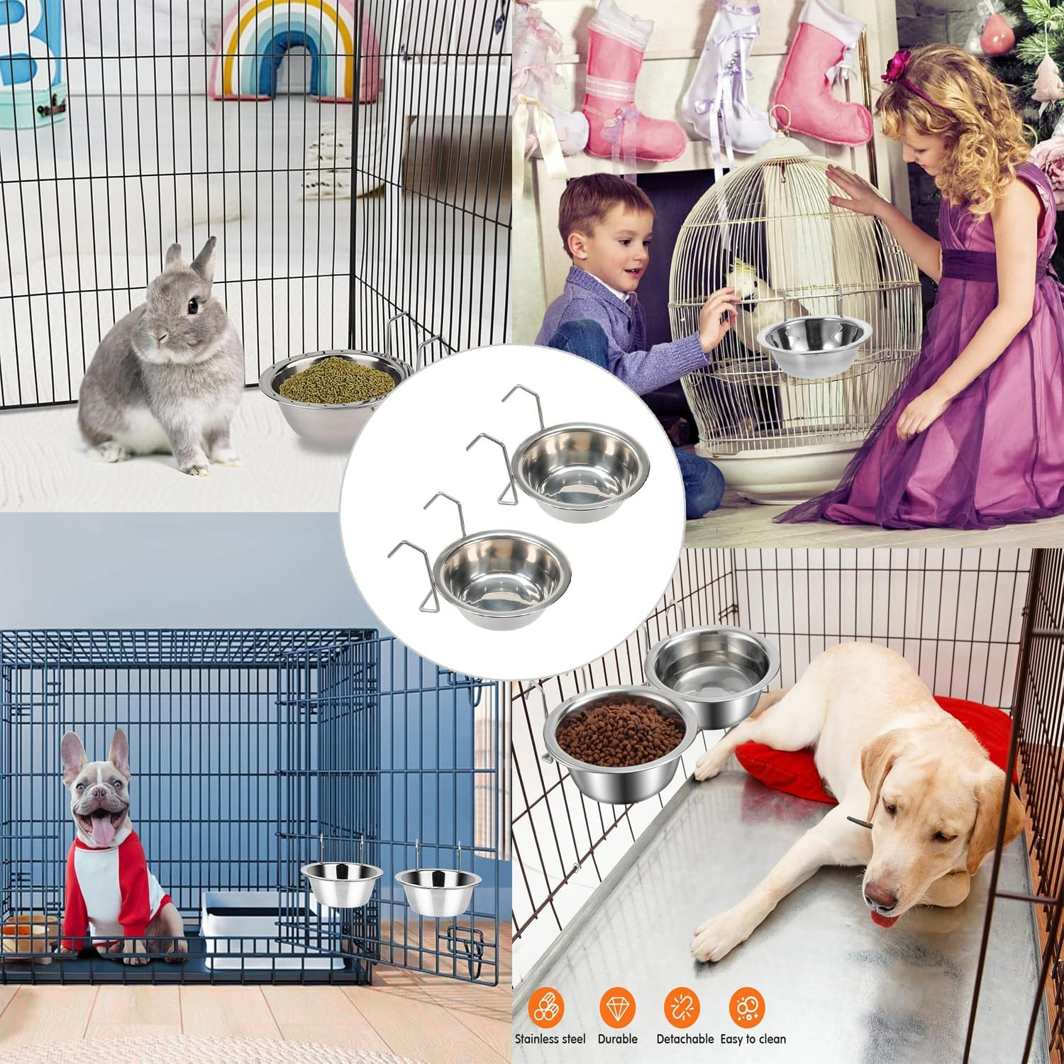 2 Pcs Stainless Steel Dog Crate Water Bowl, Dog Feeder Food Holder Puppy Bowls, Hanging Dog Bowls for Kennel outside or inside (8 Oz) image number 2