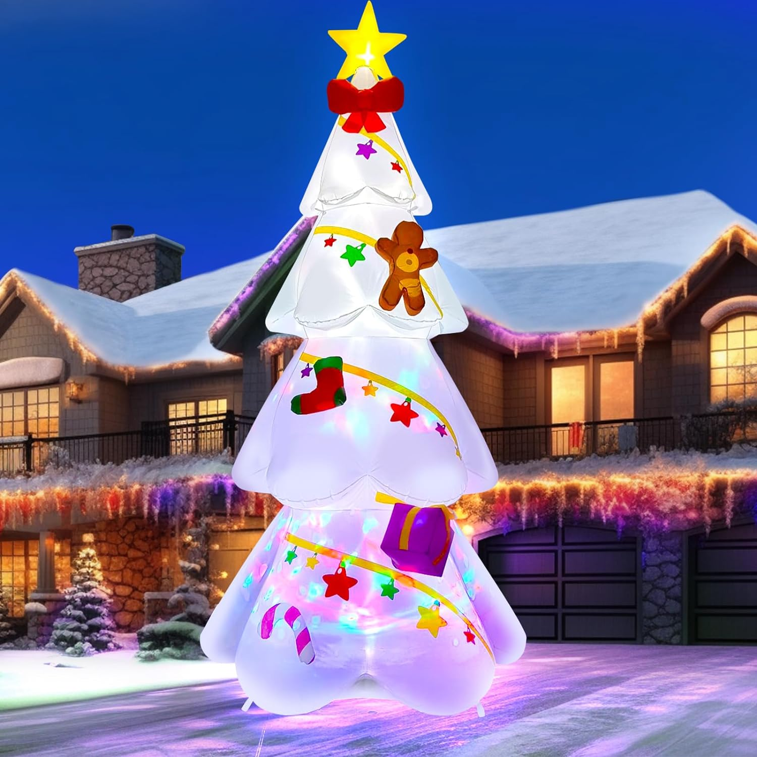 EBANKU 9 FT Christmas Inflatable Xmas Tree Outdoor Decorations, Blow up Yard Decoration Christmas Tree with Star Gingerbread Man, Build in Leds, Colorful Rotating Light for Holiday Indoor Garden Lawn image number 6