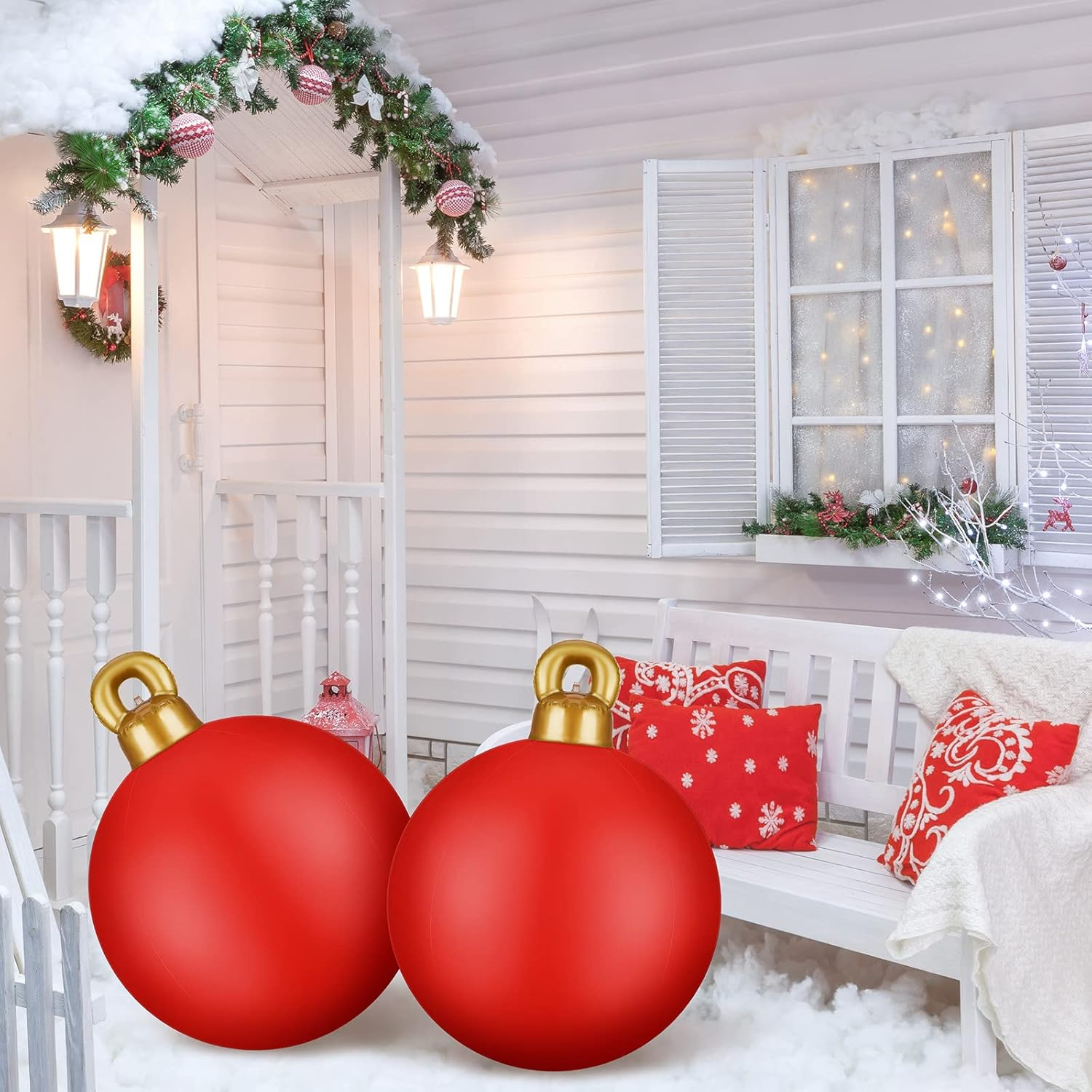 2 Pieces 32 Inch Giant PVC Inflatable Christmas Decorated Ball Ornaments Outdoor Large Xmas Blow Ball Decorations for Christmas Themed Party Ornaments(Solid,Red) image number 5