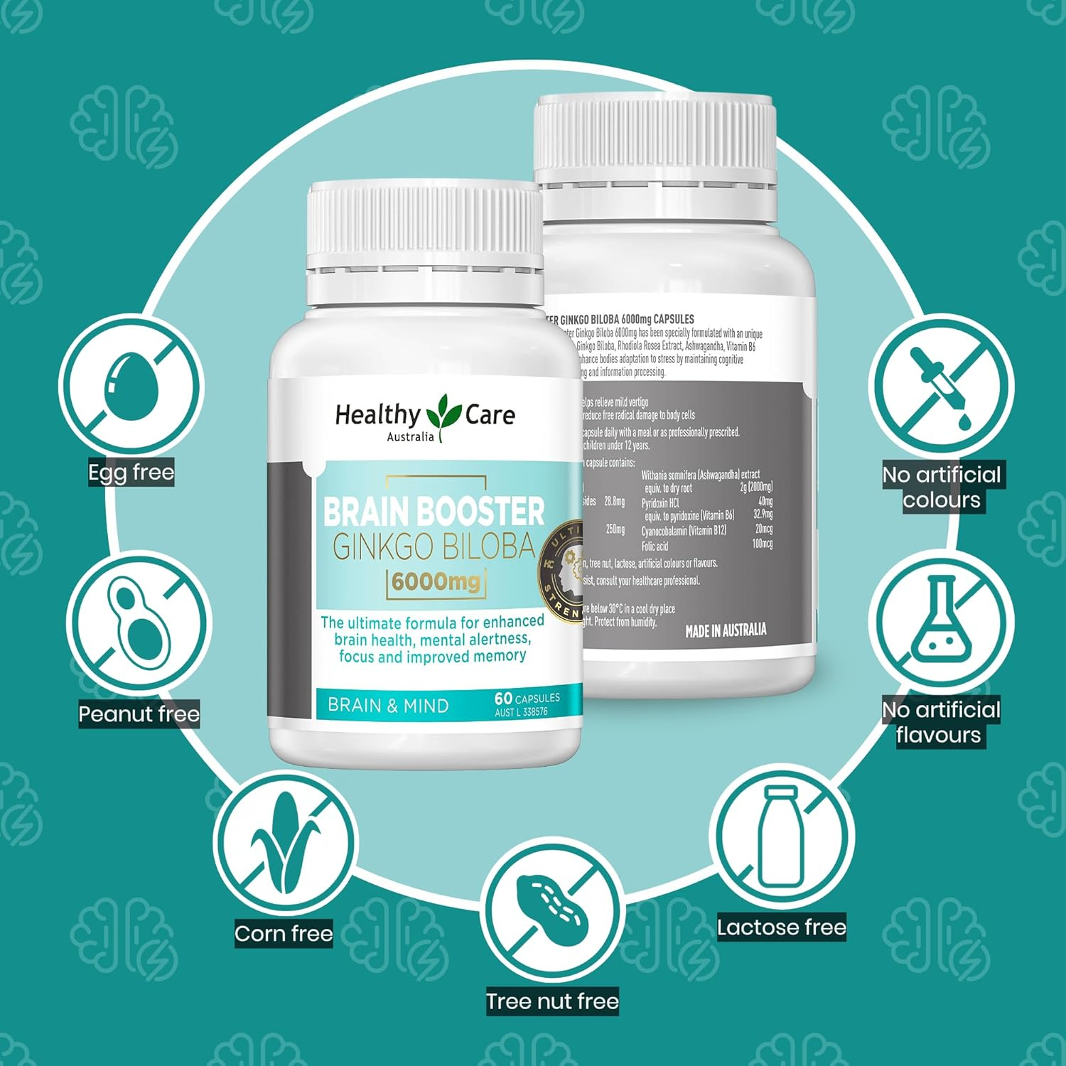 Healthy Care Brain Booster Ginkgo Biloba Capsules - Enhances Mental Alertness and Memory - Premium Dietary Supplement - All-Natural Ingredients - 60 Capsules - 6000 Mg image number 4