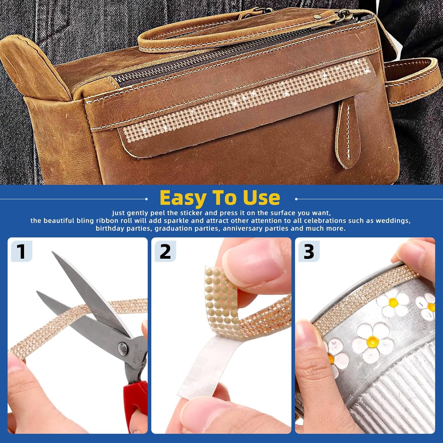 Glarks 4 Rolls 364CM Self-Adhesive Crystal Rhinestone Ribbon, 4/6/8/12 Rows Champagne Color Wrap Glittering Rhinestones Sticker, Diamond Rhinestone Ribbon Roll Stickers for Decoration Car DIY Crafts - Black image number 6