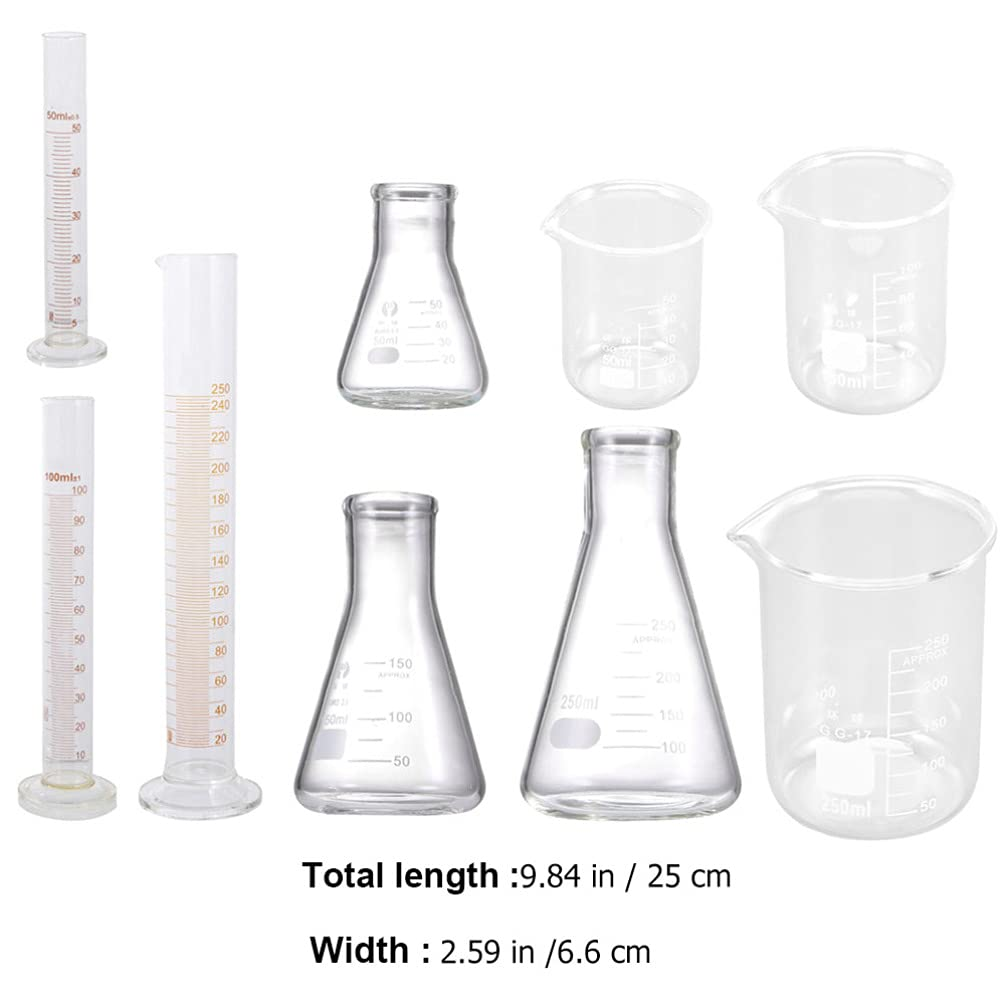 POPETPOP 9Pcs Beaker Flask Cylinder Set Scientific Glass Flask Graduated Cylinders Clear Measuring Beakers for Laboratory Supplies 50ML 100ML 250ML image number 2
