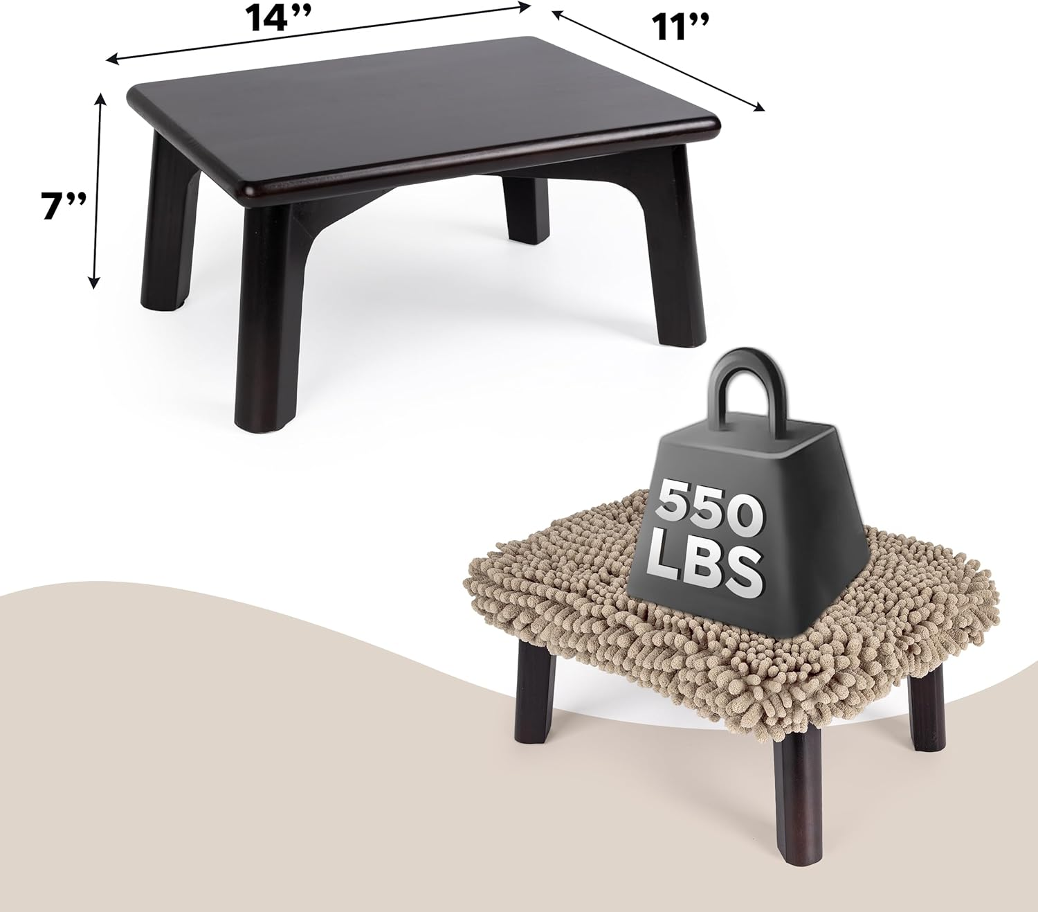 Sunlit One Step Stool with Absorbent Chenille, Stool Holds up to 550 Lbs, Non-Slip Wood Foot Stool, Wooden Step Stool for Adults, Step Stools for Kids, Kitchen Bathroom Bedroom, Taupe image number 4