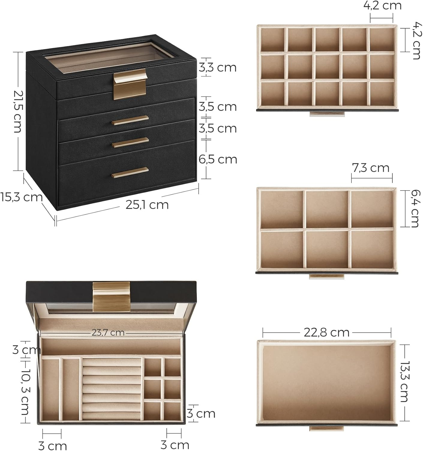 SONGMICS JBC161B02 4 Tier Jewellery Box with Glass Lid 3 Drawers Sunglasses Large Jewellery Storage Modern Graphite Black Gold image number 4