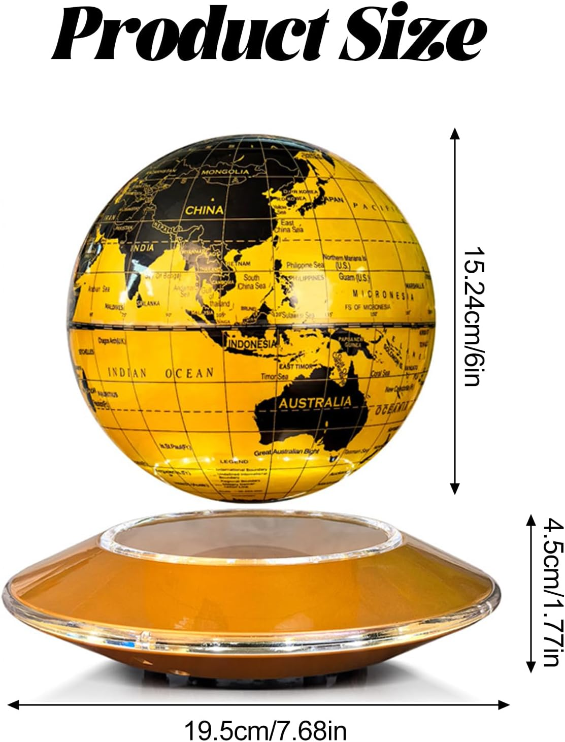 Levitating Globe, 6" Levitating World Map Desk Lamp with Rotating LED Night Light, for Home Office Decor & Educational Gift (Modern Room Lighting) (Golden (White Light)) image number 4