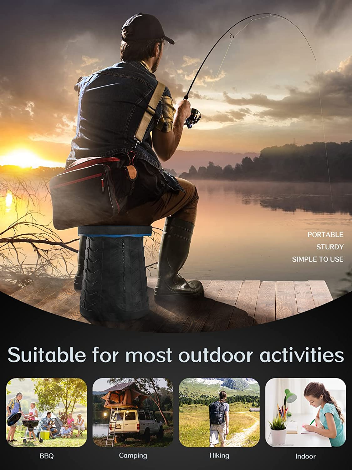 Telescopic Stool, Booxihome Folding Stools Lightweight Chair Seat for Outdoor Camping BBQ Fishing Hiking Gardening Indoor,Maximum Load 400 Lb(Blue) image number 1