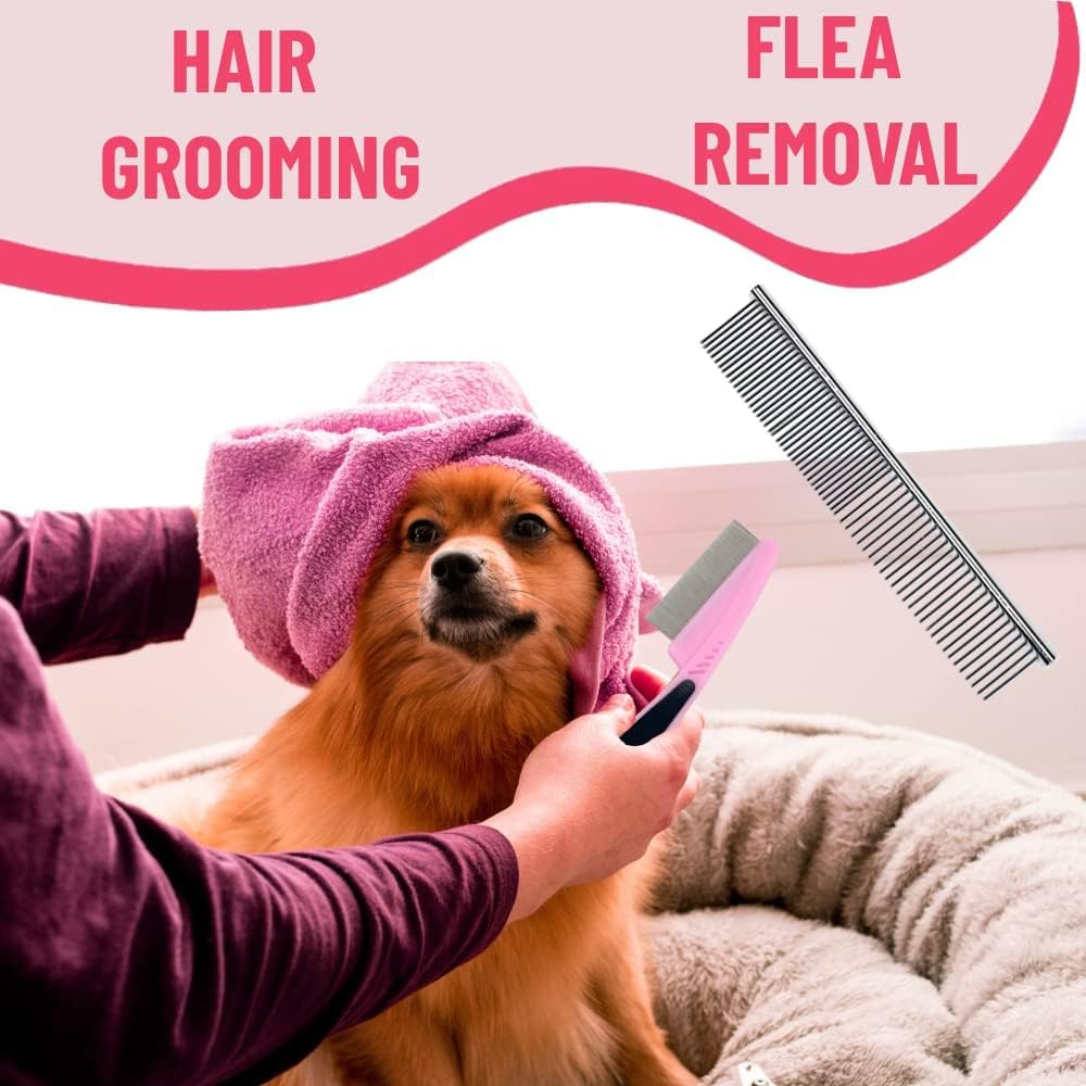 Dog Grooming Kit Pink - Deshedding Dog Brush, Pet Brush, Cat Brush, Slicker Brush, Flea Comb, Puppy Brush Set image number 5