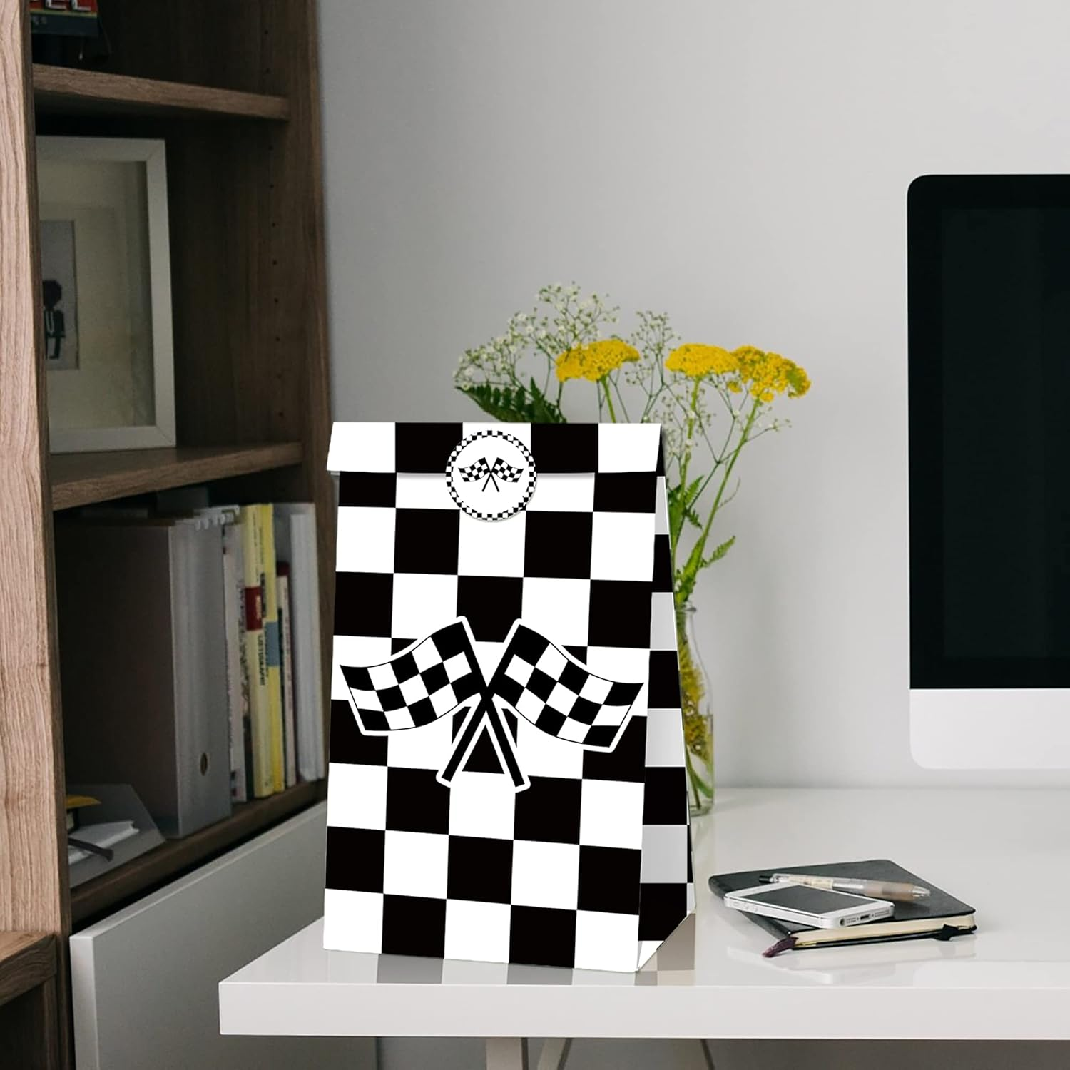24 Pack Race Car Party Favor Bags with Stickers Race Car Goodie Bags Black and White Checkered Gift Bags Racing Birthday Party Bags Checkered Flag Party Supplies image number 4