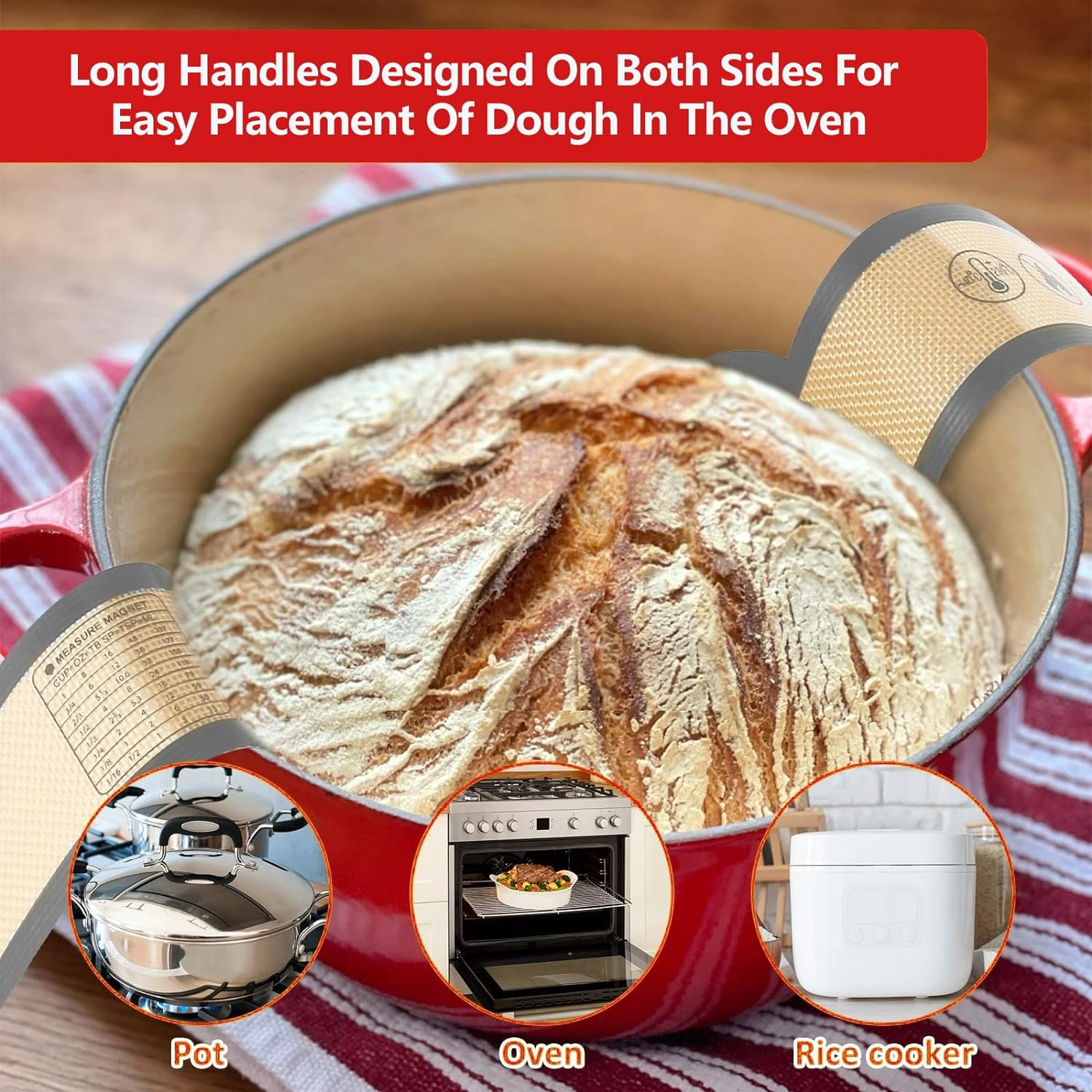 Silicone Bread Sling for Dutch Oven, 2 PCS Non-Stick & Easy Clean Reusable Silicone Bread Baking Mats with Long Handles, Easy to Transfer Sourdough Bread - Red A image number 4