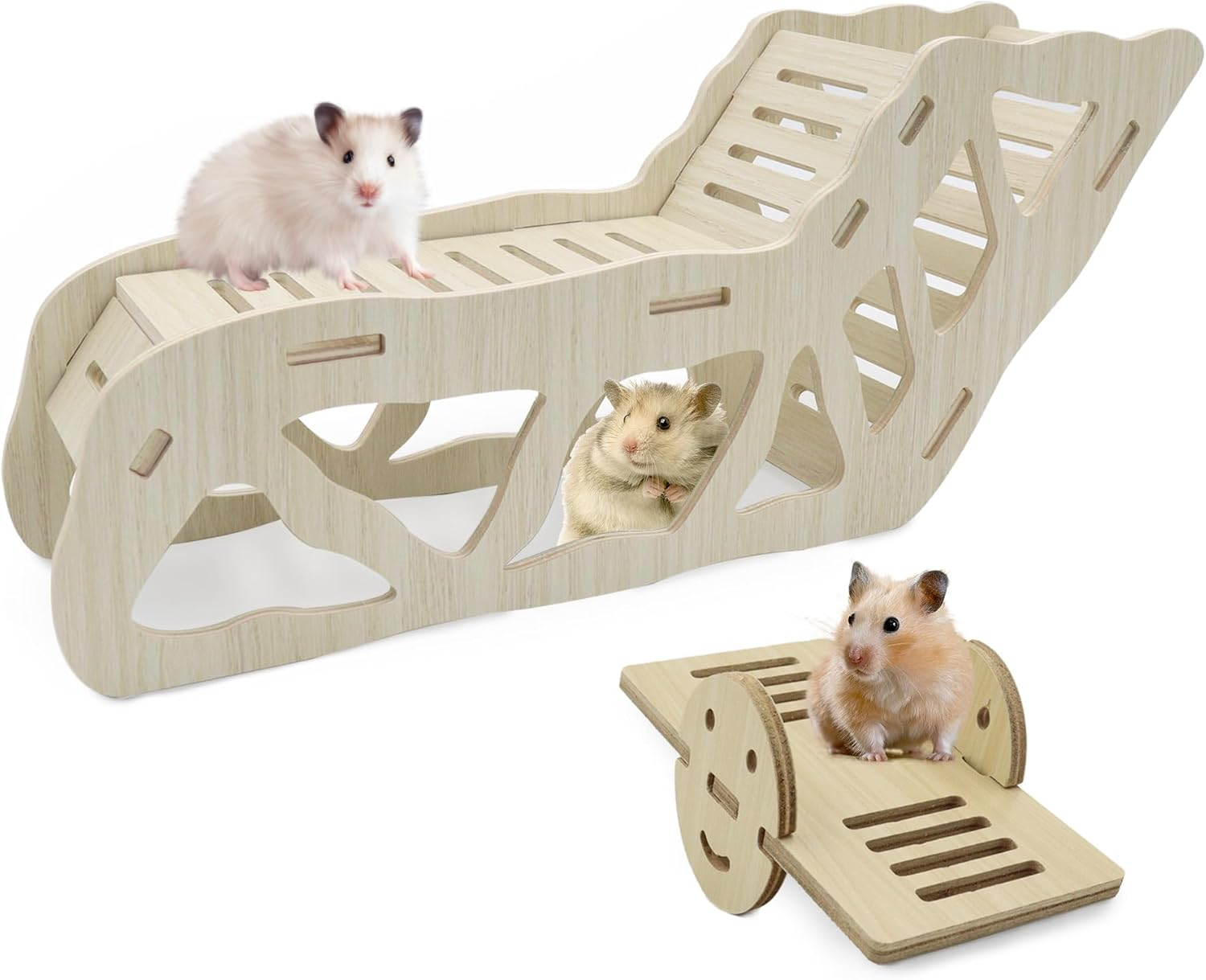 Wooden Hamster Tunnel&Seesaw, Small Pets Play Hamster Hideout, Exercise Hamster Climbing Ladder, Hamster House Accessories for Cages, Gerbils Mice or Similar-Sized Pets (Wooden) image number 3