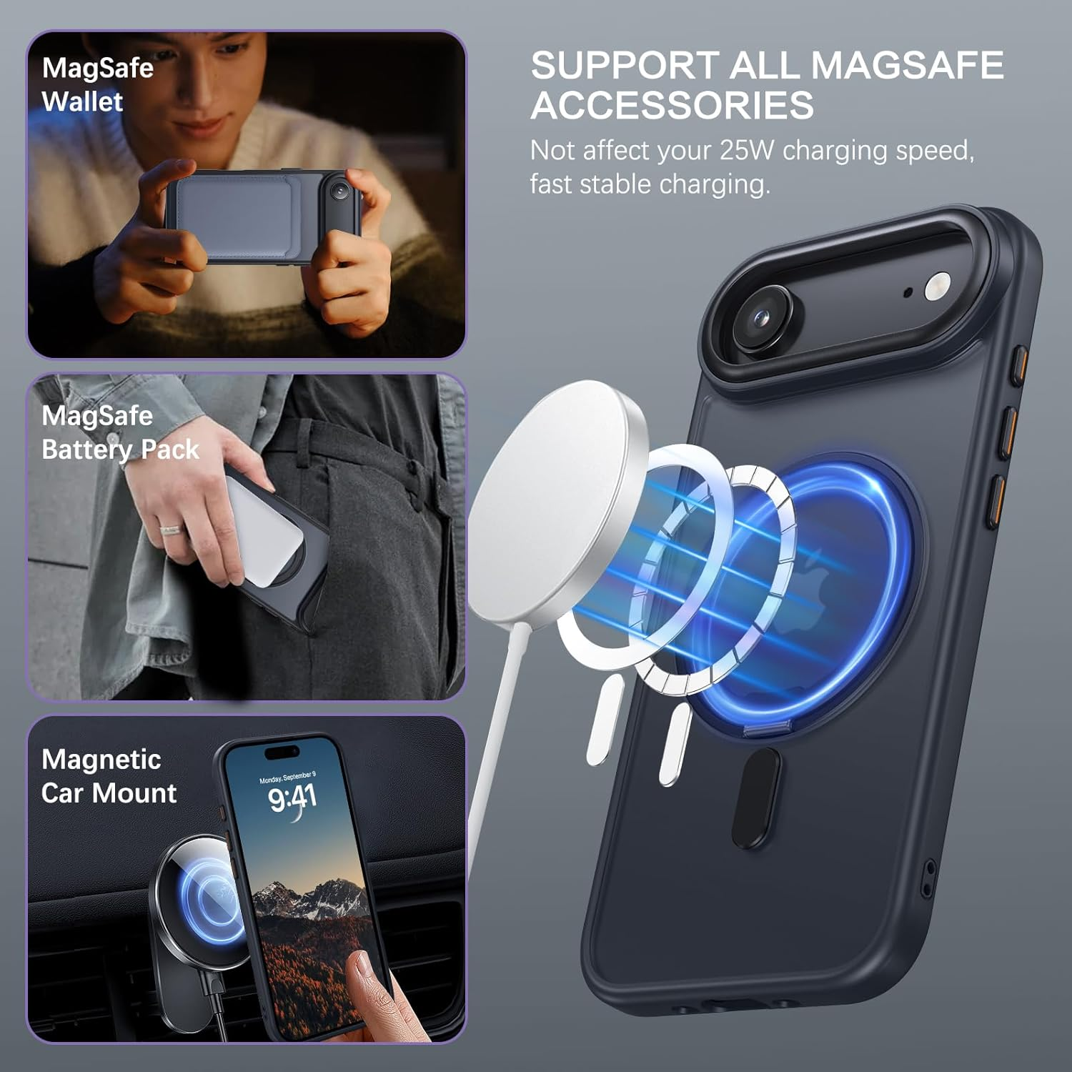 YINLAI for Iphone Air Case 6.5-Inch, Magnetic Compatible with Magsafe, with 360&deg; Rotatable Ring Stand, Anti-Fingerprint Skin-Friendly, Shockproof Full-Body Protective Iphone Air Case, Black image number 4