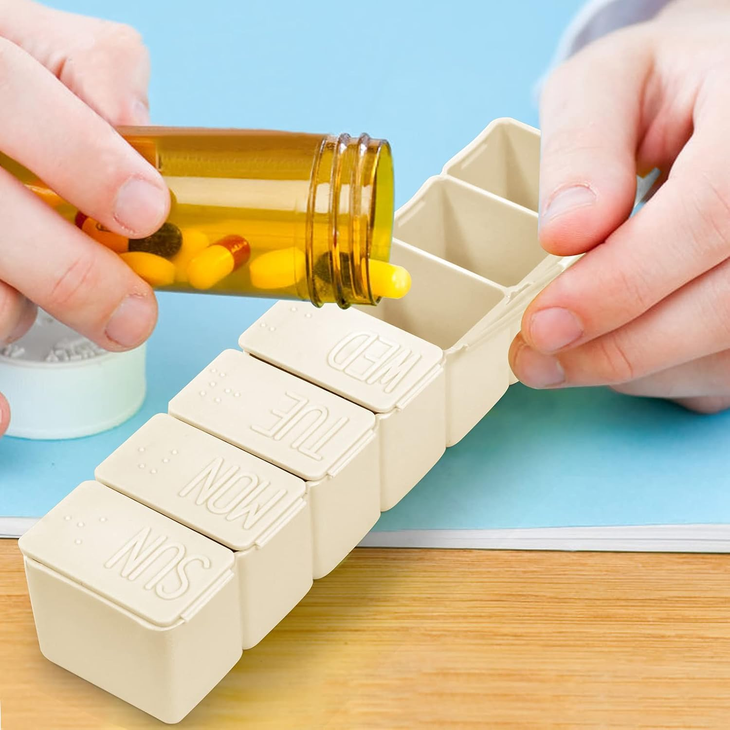 Pill Organizer-Pill Boxes for Travel, 7 Day with Braille Pill Case Vitamins Fish Oil Supplements, Medication Organizer Dispenser for Fish Oils, Vitamin Holder Supplement (Beige+Gray) image number 5