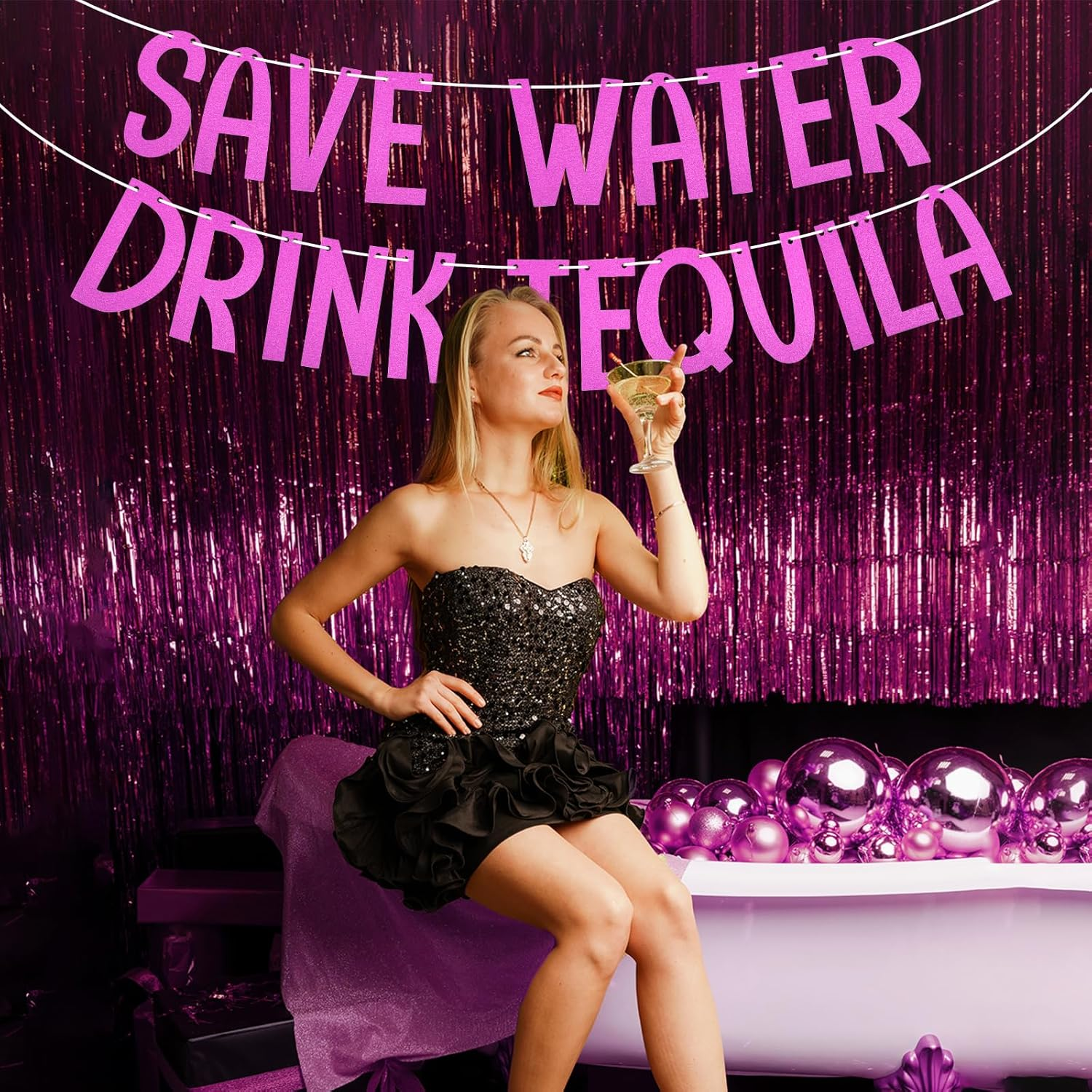 Save Water Drink Tequila Banner, Shiny Tequila Themed Sign Backdrop Bachelorette Party Decorations for Fiesta Bar Club Home Decor (Rose Red) image number 4