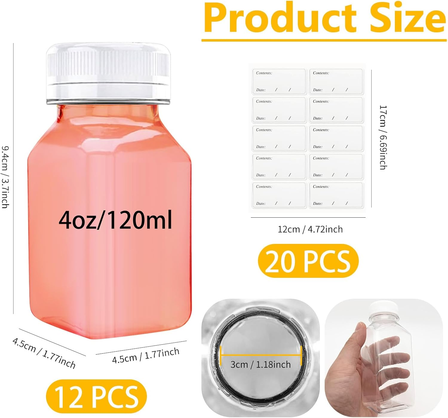 HXC Juice Bottles 12-Pack 4Oz/120Ml Shot Bottles with Lids - Reusable Small Plastic Juice & Smoothie Containers with Stickers image number 1