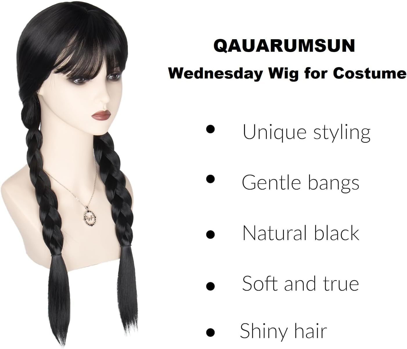 Long Braided Wigs for Women Black Braided Wednesday Wig with Fringe Cosplay Costume Party Wigs for Family Women Girls image number 5