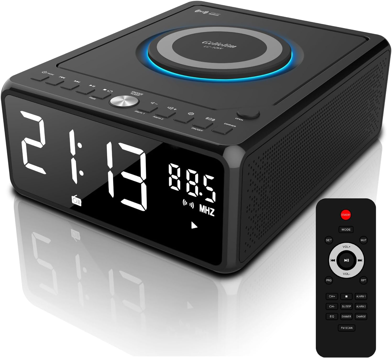 Gelielim CD Player Boombox with Remote, Dual Alarm Clock Radio, Wireless Charger, Bluetooth Digital FM Radio, MP3/USB Music Player, Snooze & Sleep Timer, Dimmable Mirror LED Display （Black） image number 4