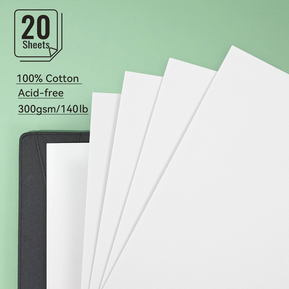 Lightwish Watercolor Sketchbook,100% Cotton Acid Free Watercolor Journal,300Gsm/140Lb Hot Press Watercolor Paper for Artists,Adults,Students,20 Sheets,9.25 * 6.3 Inches(Leather Green) image number 2
