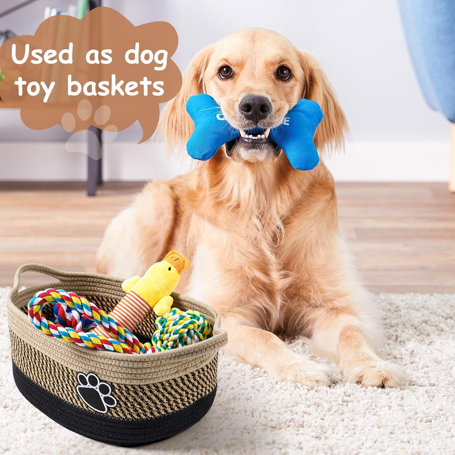 Small Woven Baskets for Organizing Rope Storage Basket with Handle Cute Cotton Nursery Gift Dog Toy Bins Organizer-Light Beige image number 2